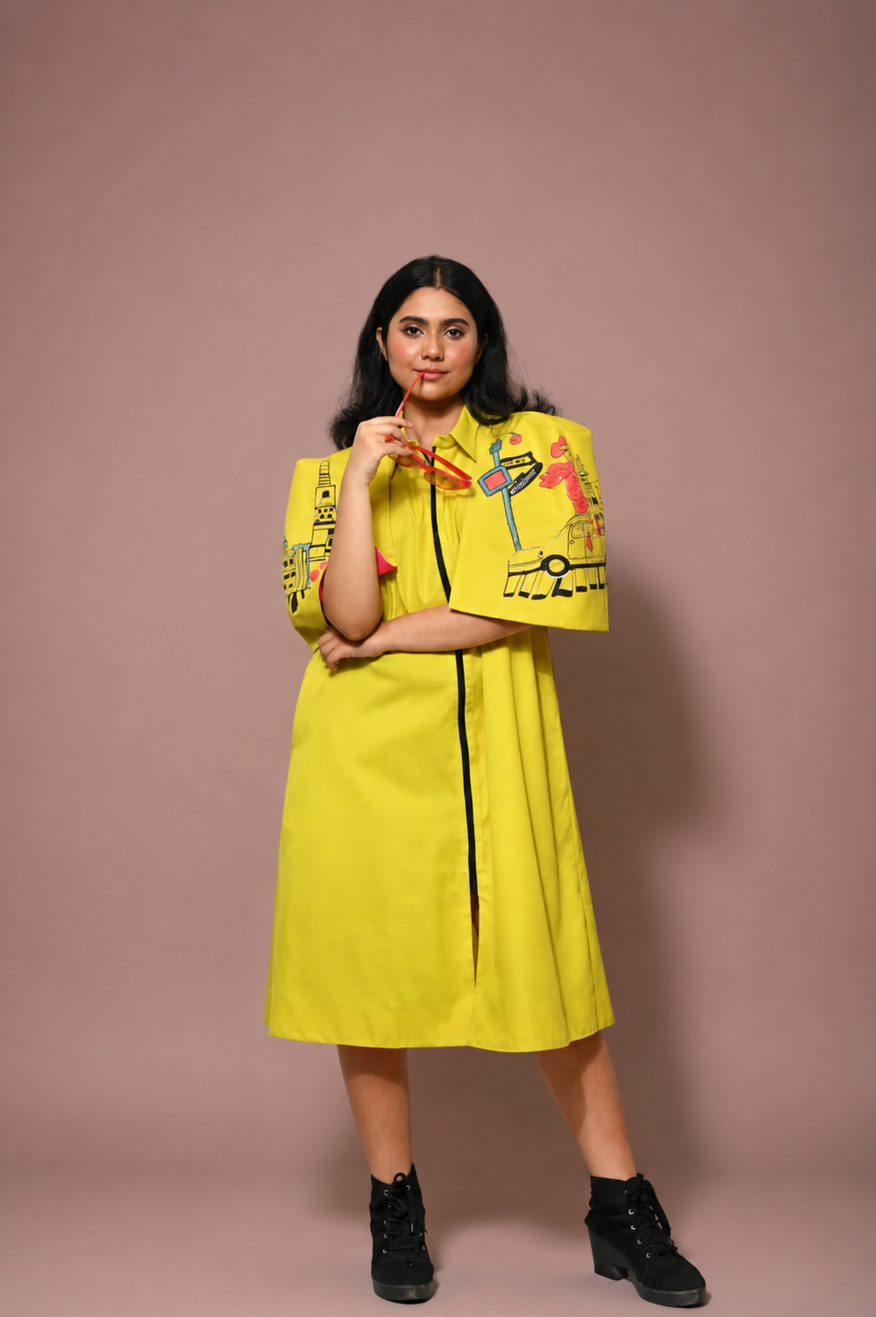 Slime Yellow Hand-Painted Cotton Cape Dress for Women