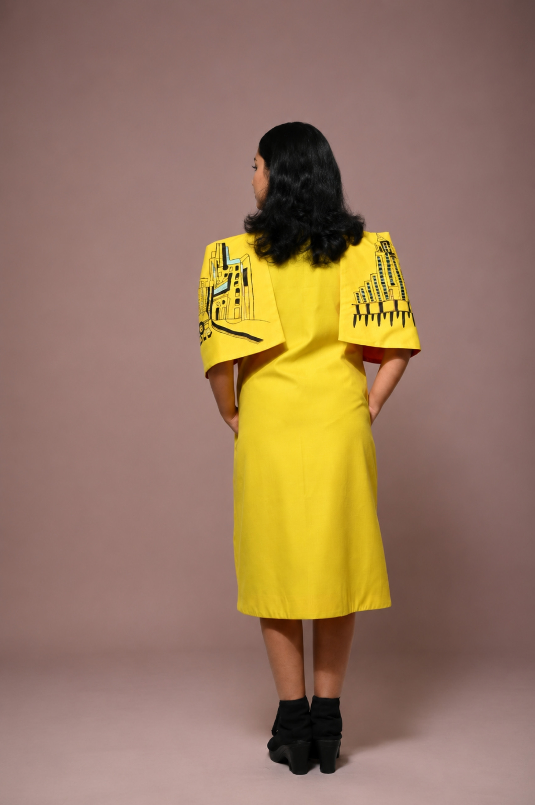 Slime Yellow Hand-Painted Cotton Cape Dress for Women thumbnail