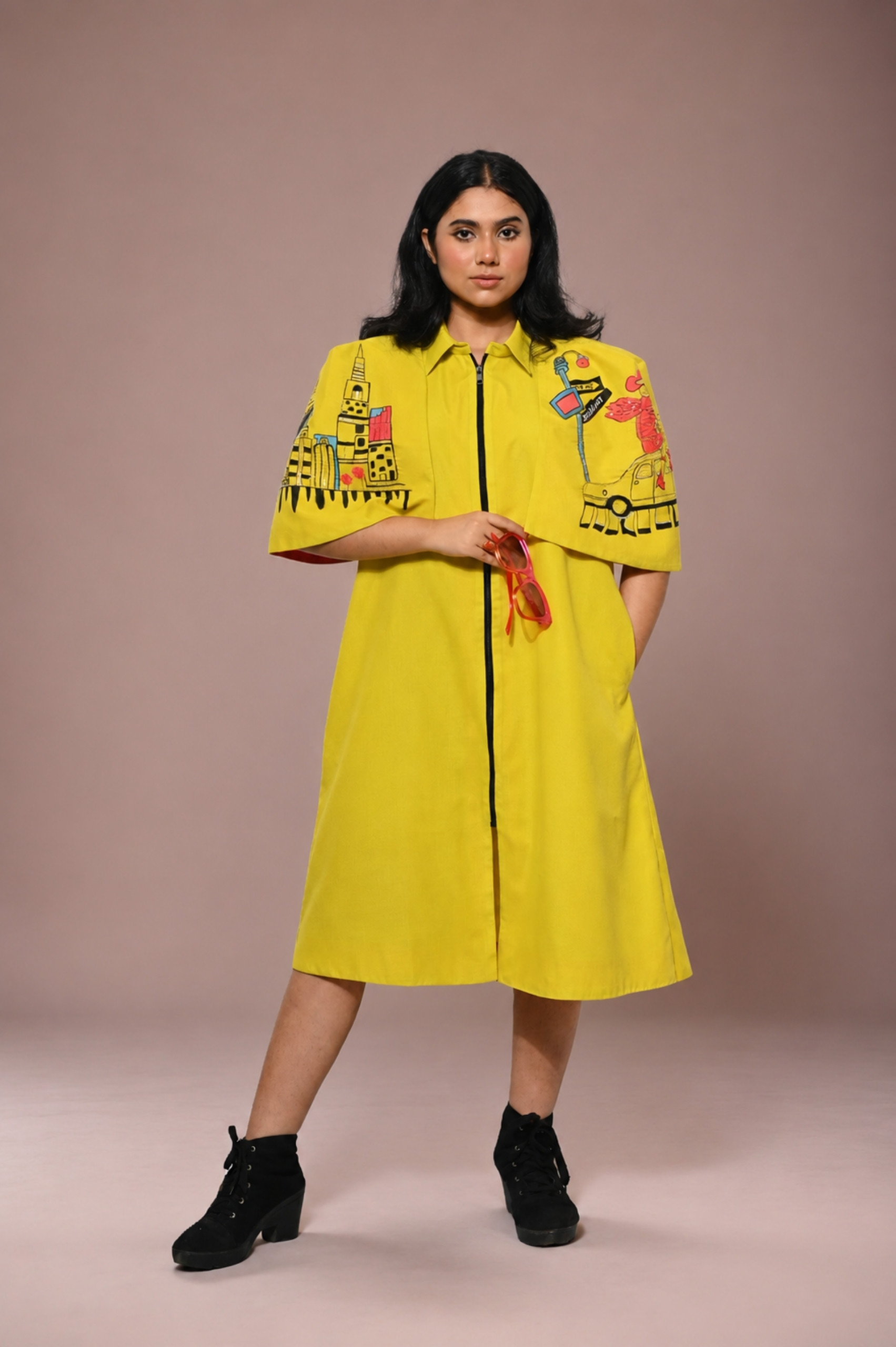 Slime Yellow Hand-Painted Cotton Cape Dress for Women thumbnail