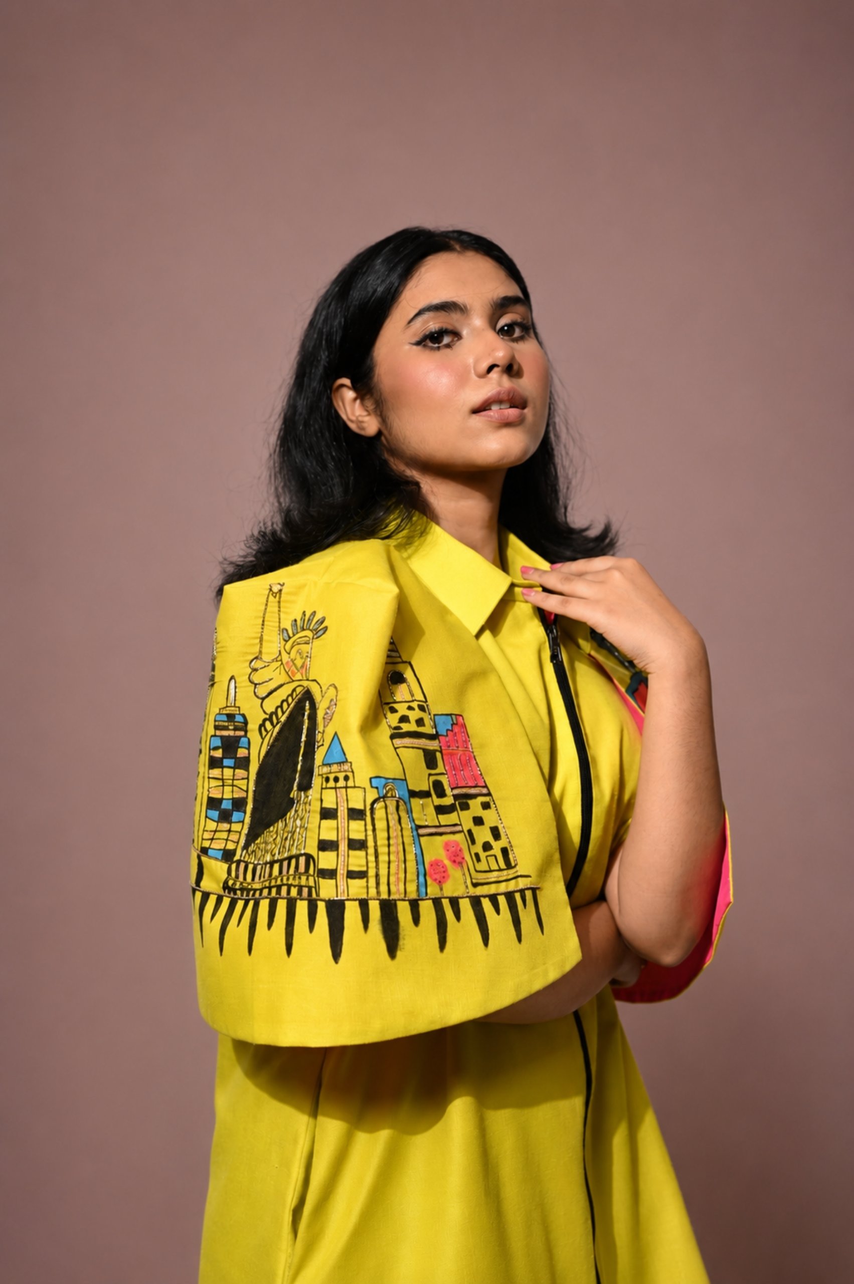 Slime Yellow Hand-Painted Cotton Cape Dress for Women alternate view