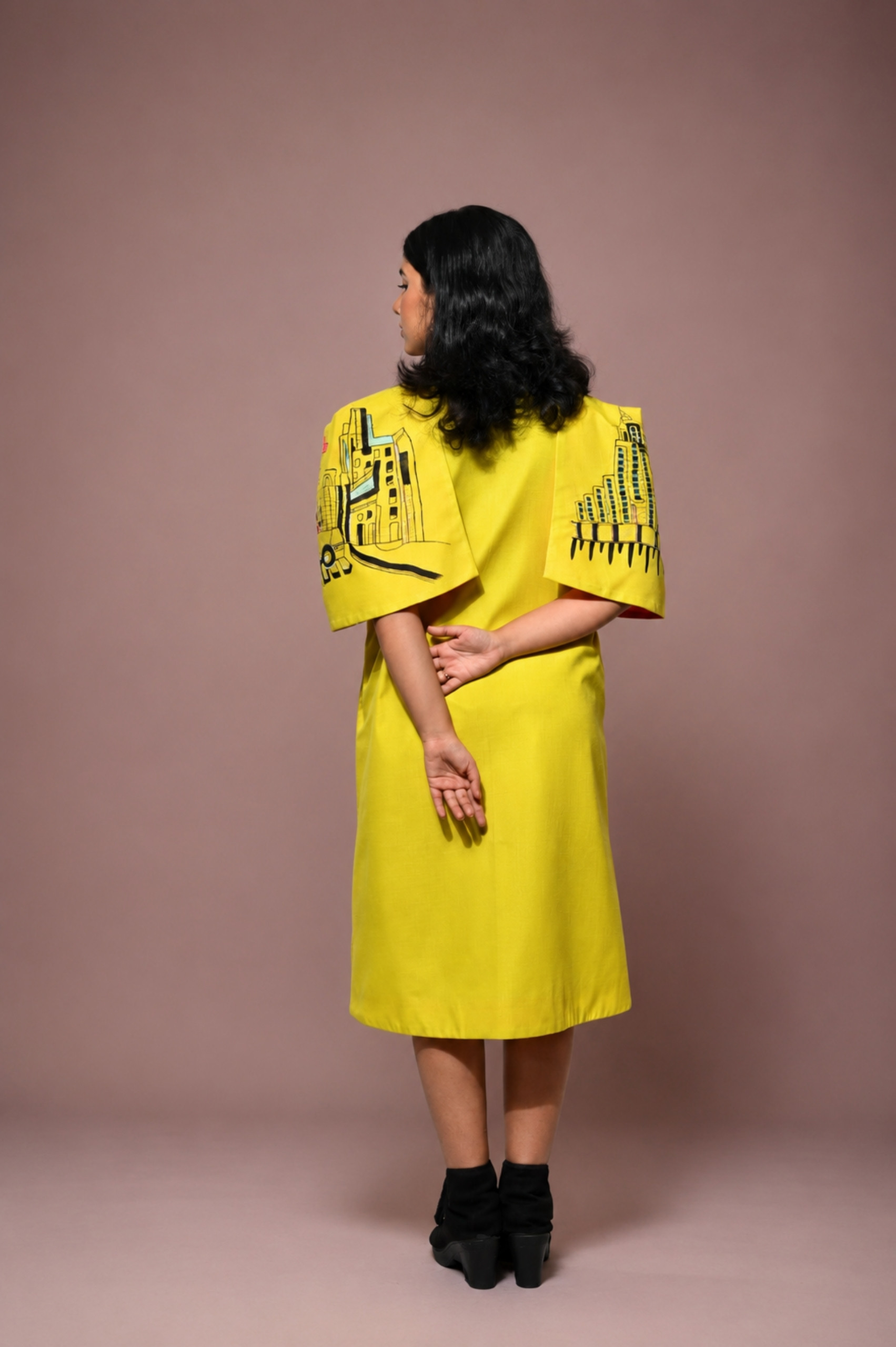 Slime Yellow Hand-Painted Cotton Cape Dress for Women thumbnail