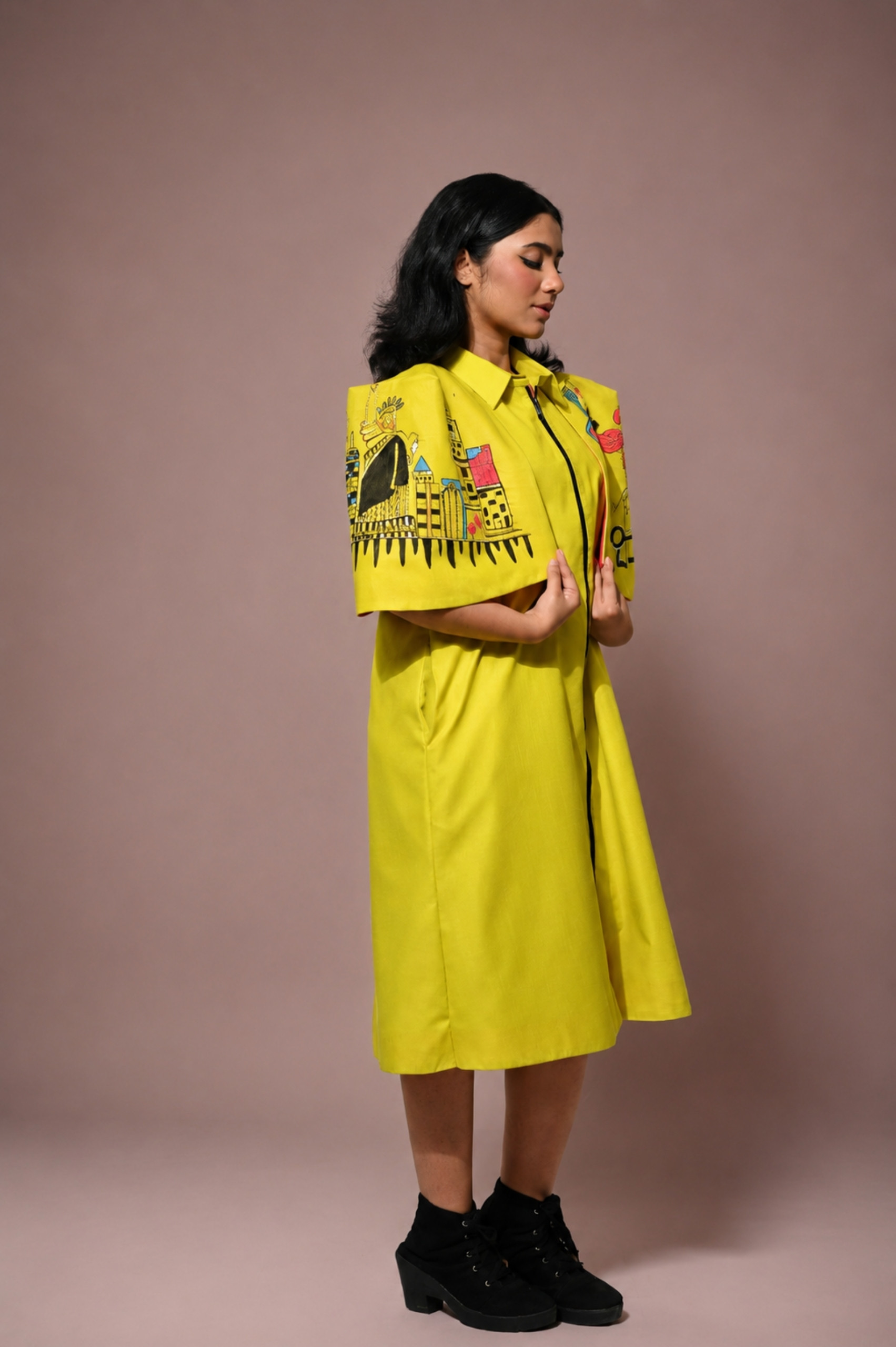 Slime Yellow Hand-Painted Cotton Cape Dress for Women thumbnail