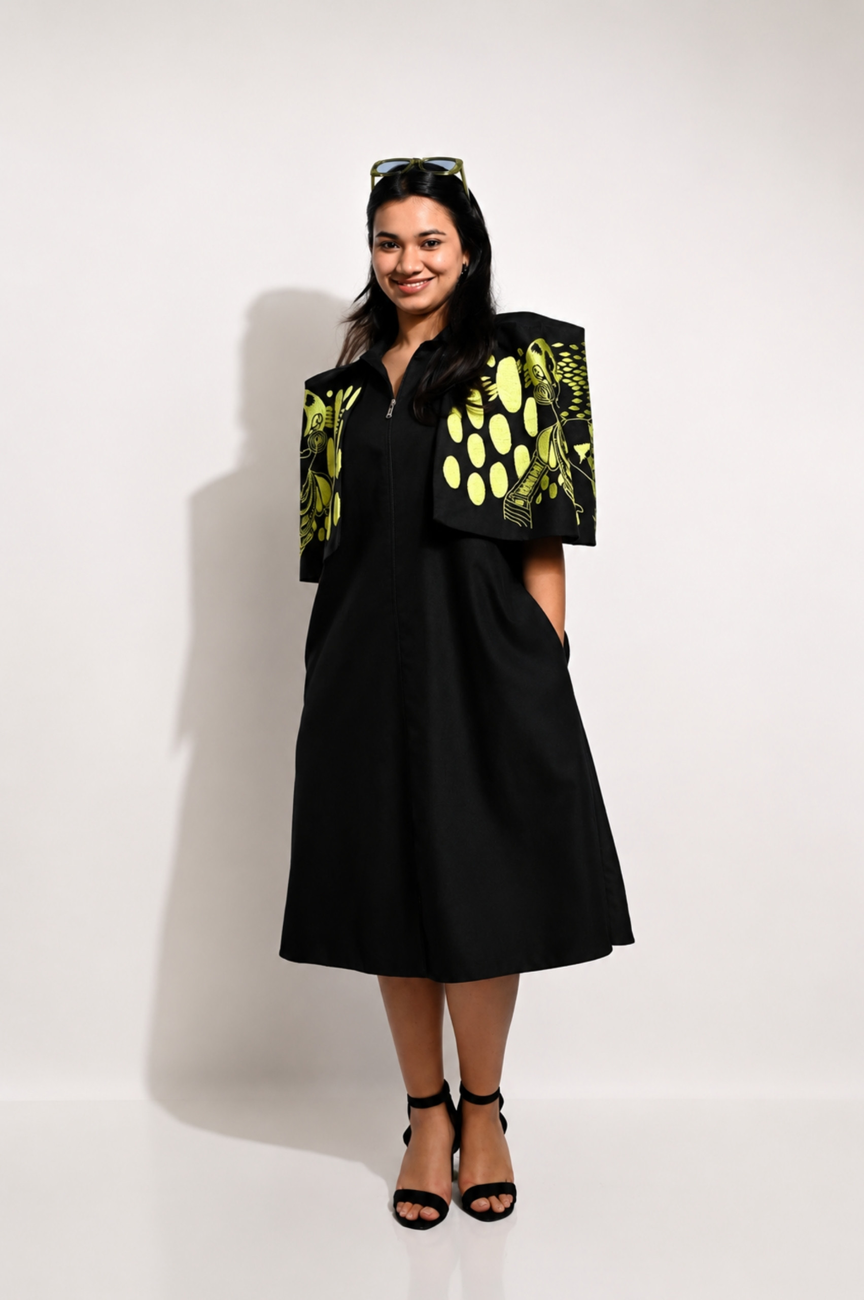 Black & Green Cotton Cape Dress (Machine Embroidered Sleeves) thumbnail