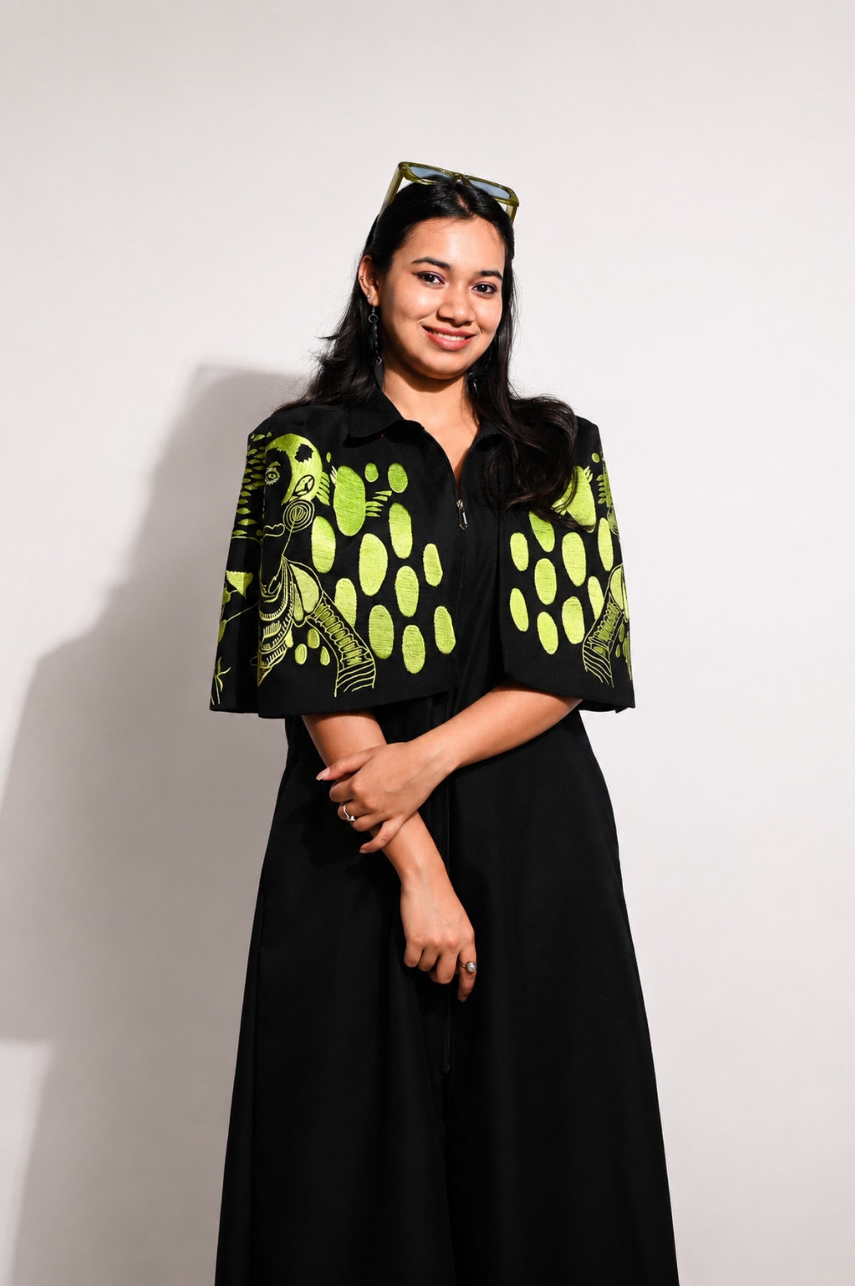 Black & Green Cotton Cape Dress (Machine Embroidered Sleeves) alternate view