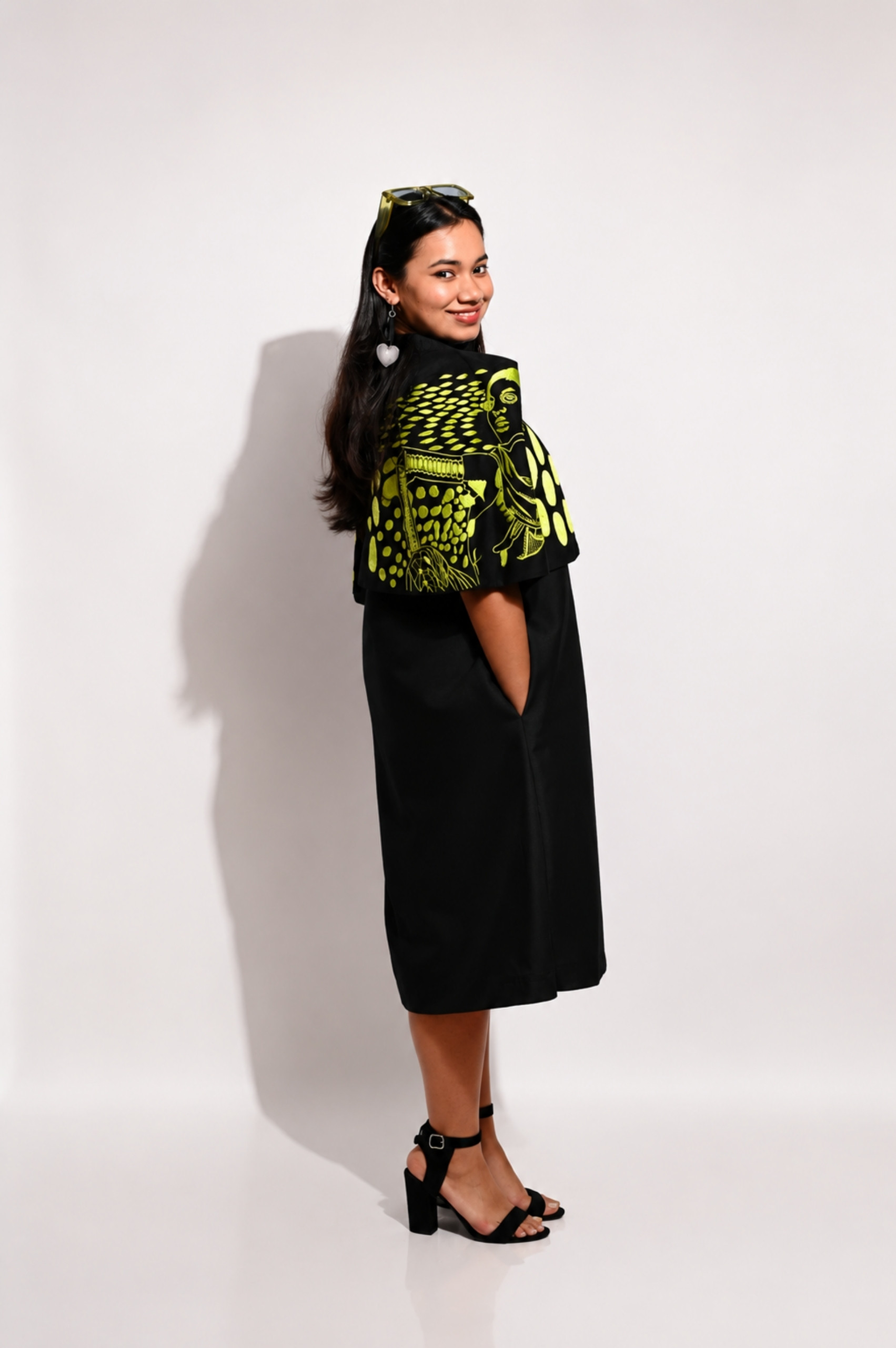 Black & Green Cotton Cape Dress (Machine Embroidered Sleeves) thumbnail