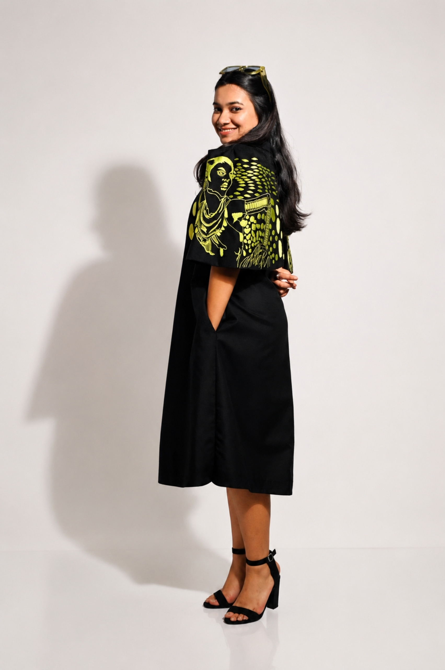 Black & Green Cotton Cape Dress (Machine Embroidered Sleeves) thumbnail