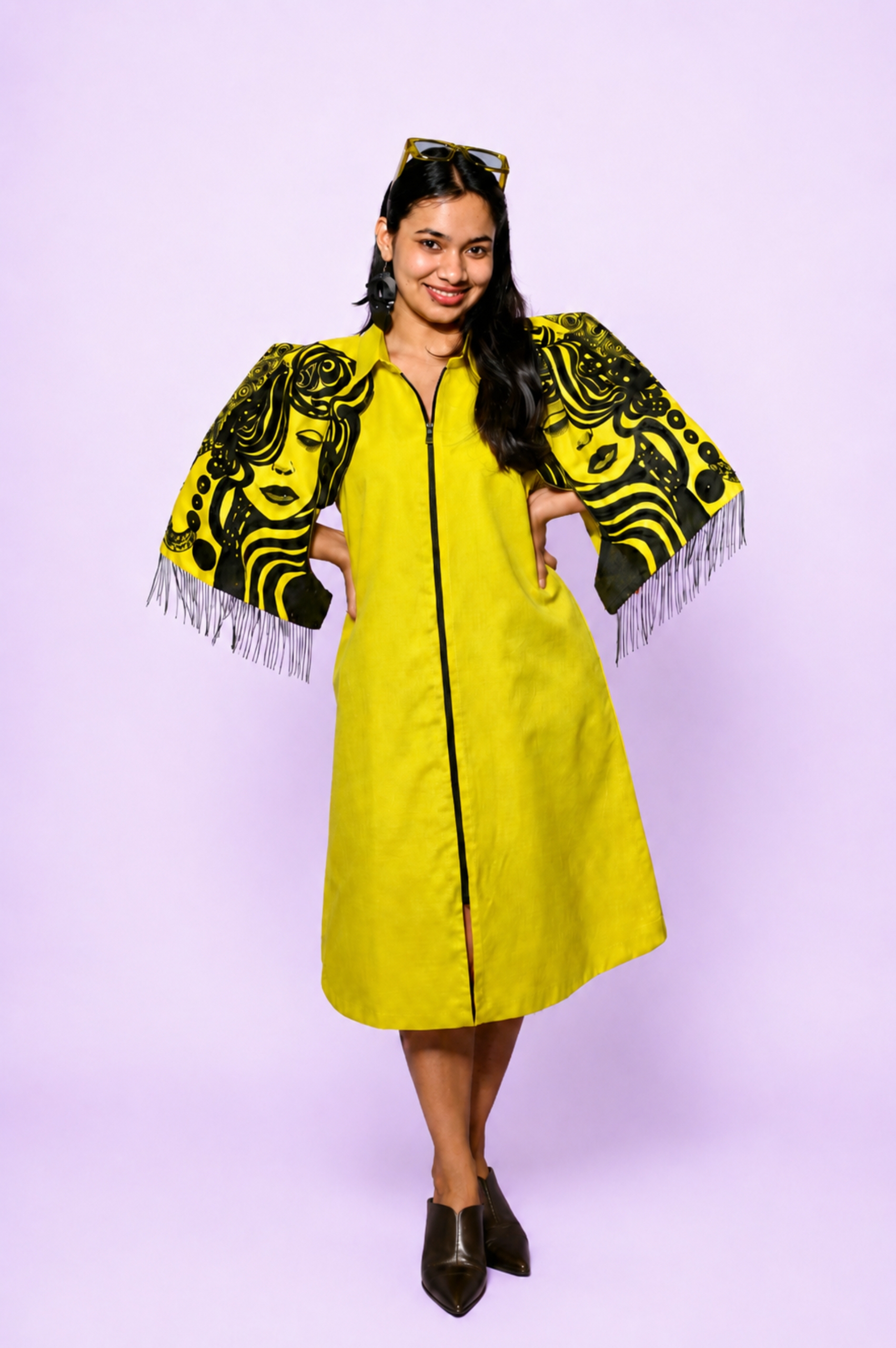 Slime Yellow Hand-Painted/Hand-Embroidery Cape Dress