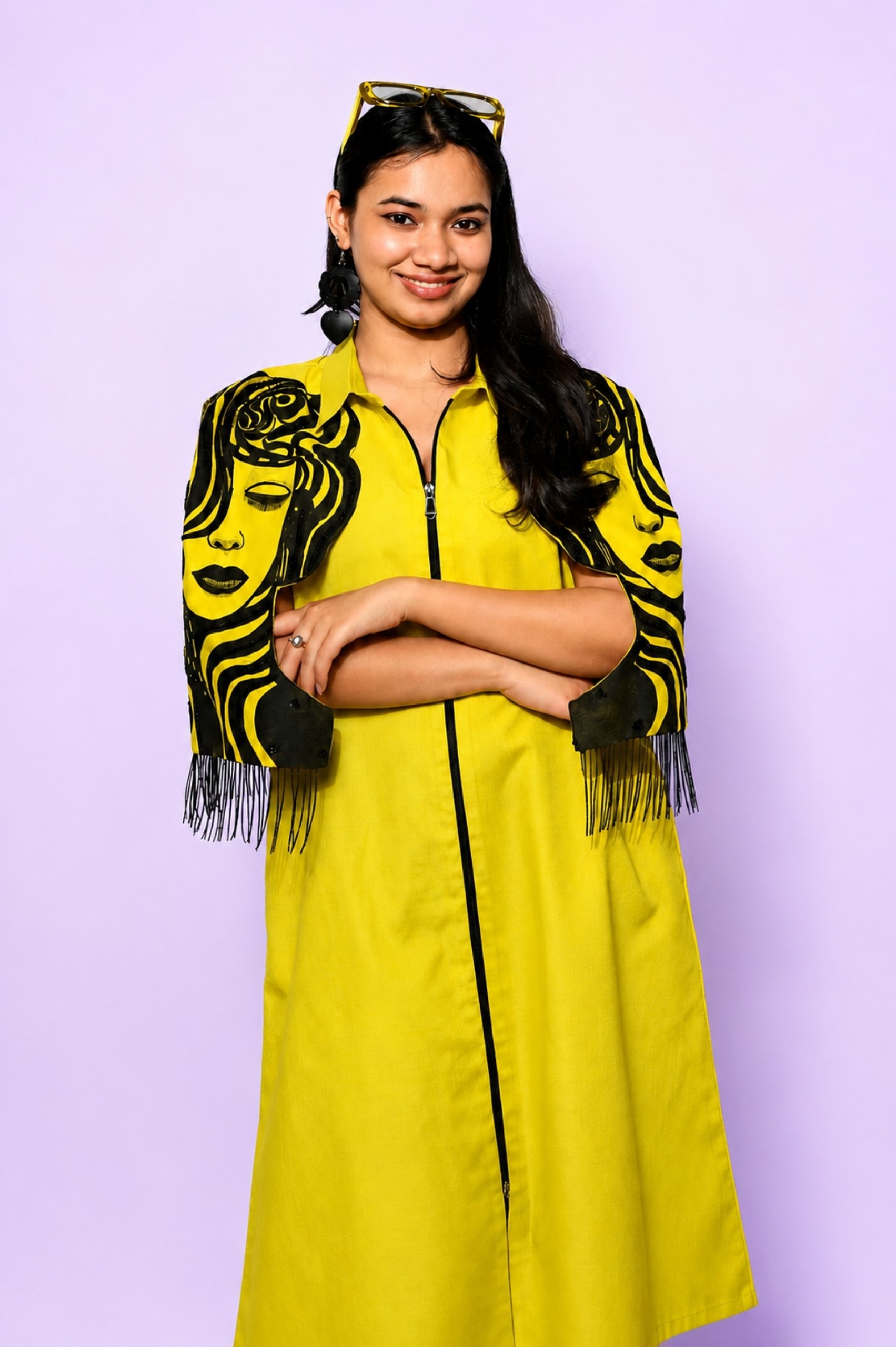 Slime Yellow Hand-Painted/Hand-Embroidery Cape Dress thumbnail