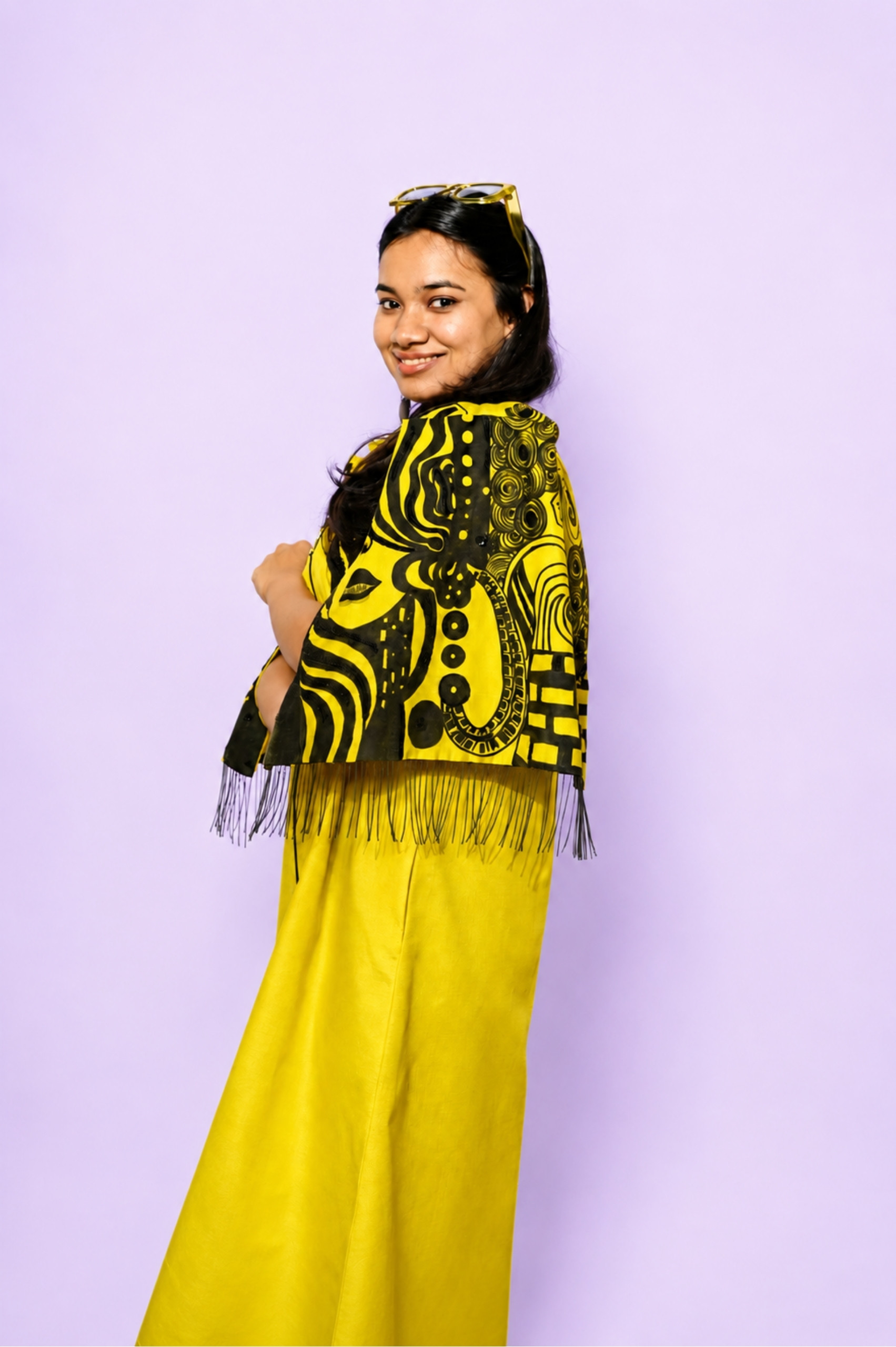 Slime Yellow Hand-Painted/Hand-Embroidery Cape Dress alternate view