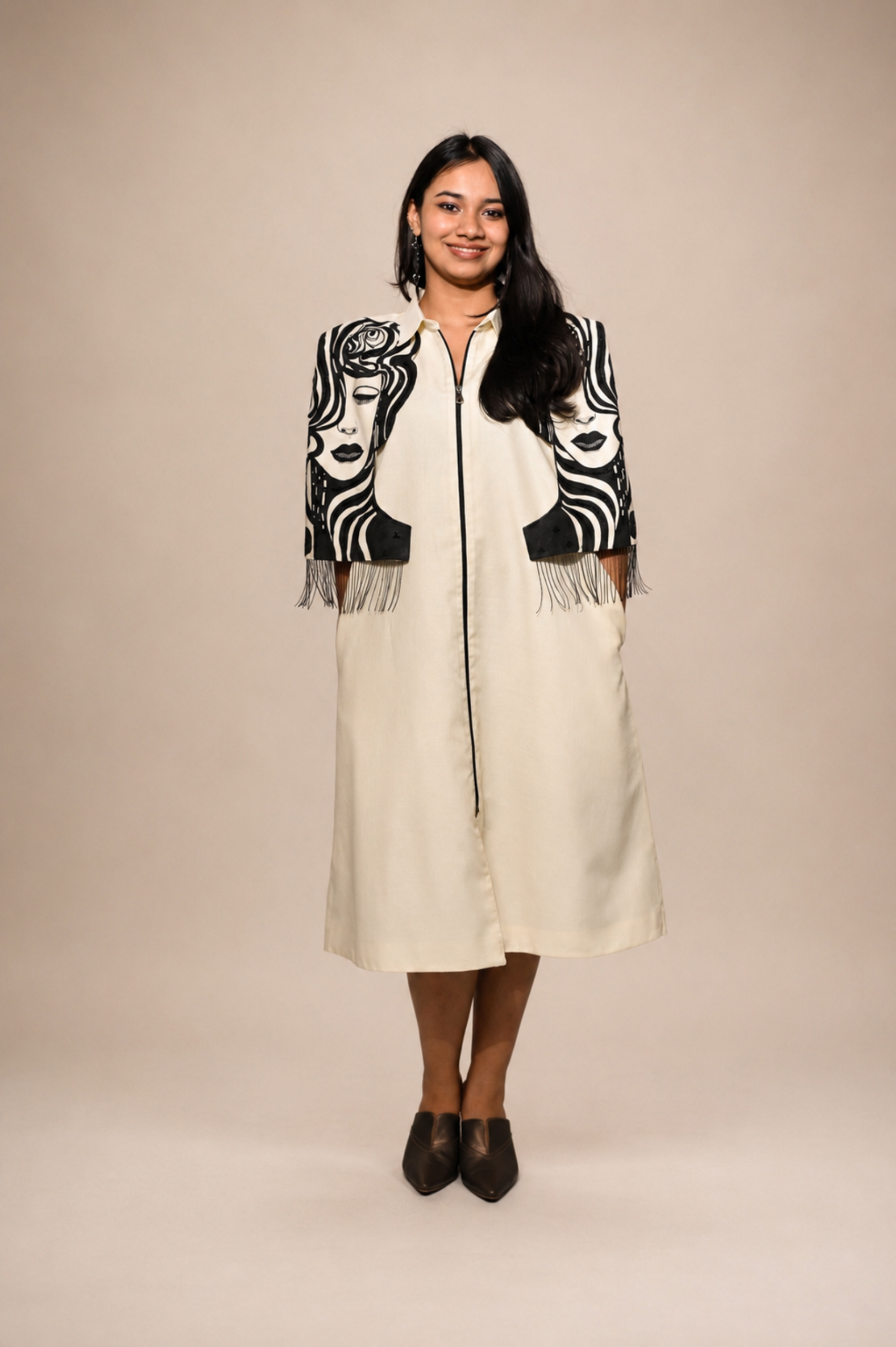 Off White Hand-Painted/Hand-Embroidery Cape Dress