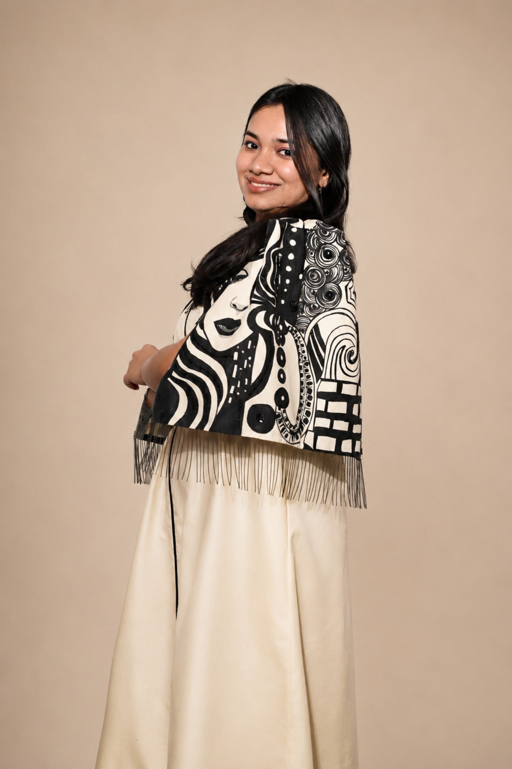 Off White Hand-Painted/Hand-Embroidery Cape Dress alternate view
