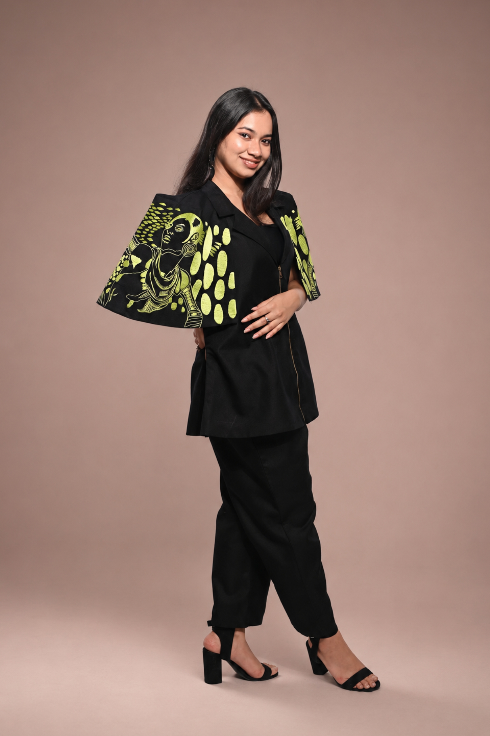Black & Green Cotton Co-Ord Set (Embroidered Sleeves)