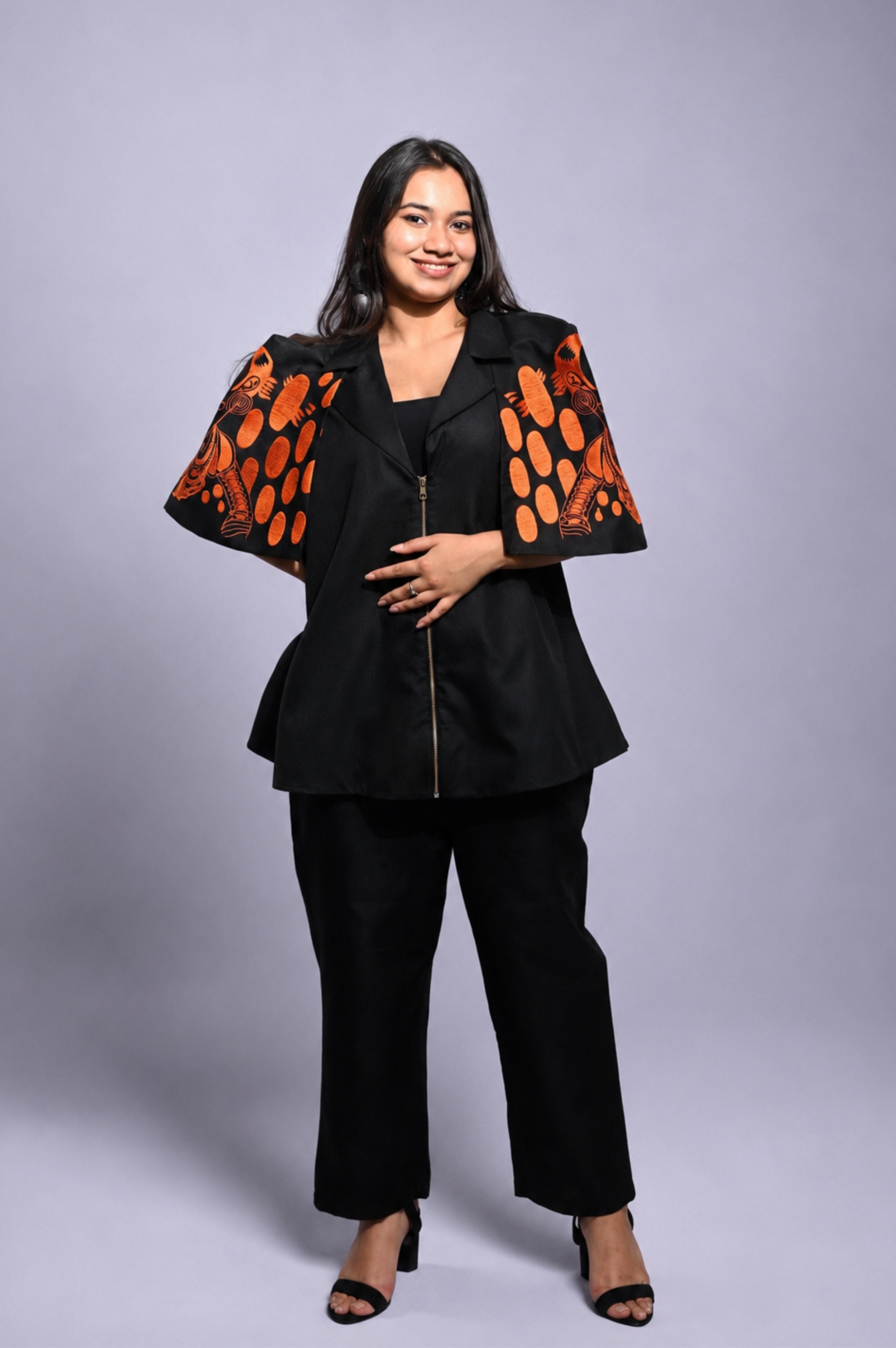 Black & Orange Cotton Co-Ord Set (Embroidered Sleeves)
