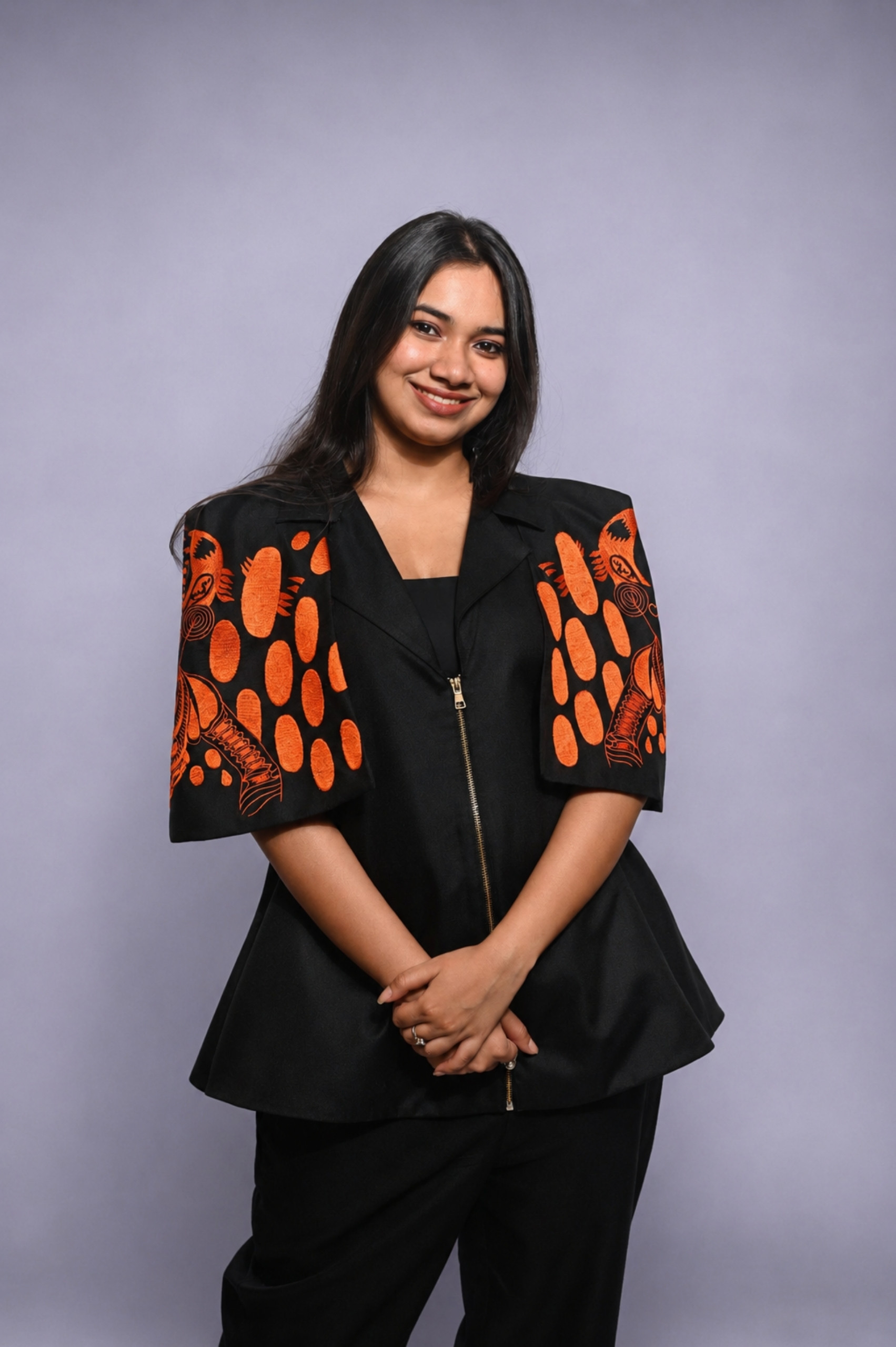 Black & Orange Cotton Co-Ord Set (Embroidered Sleeves) thumbnail