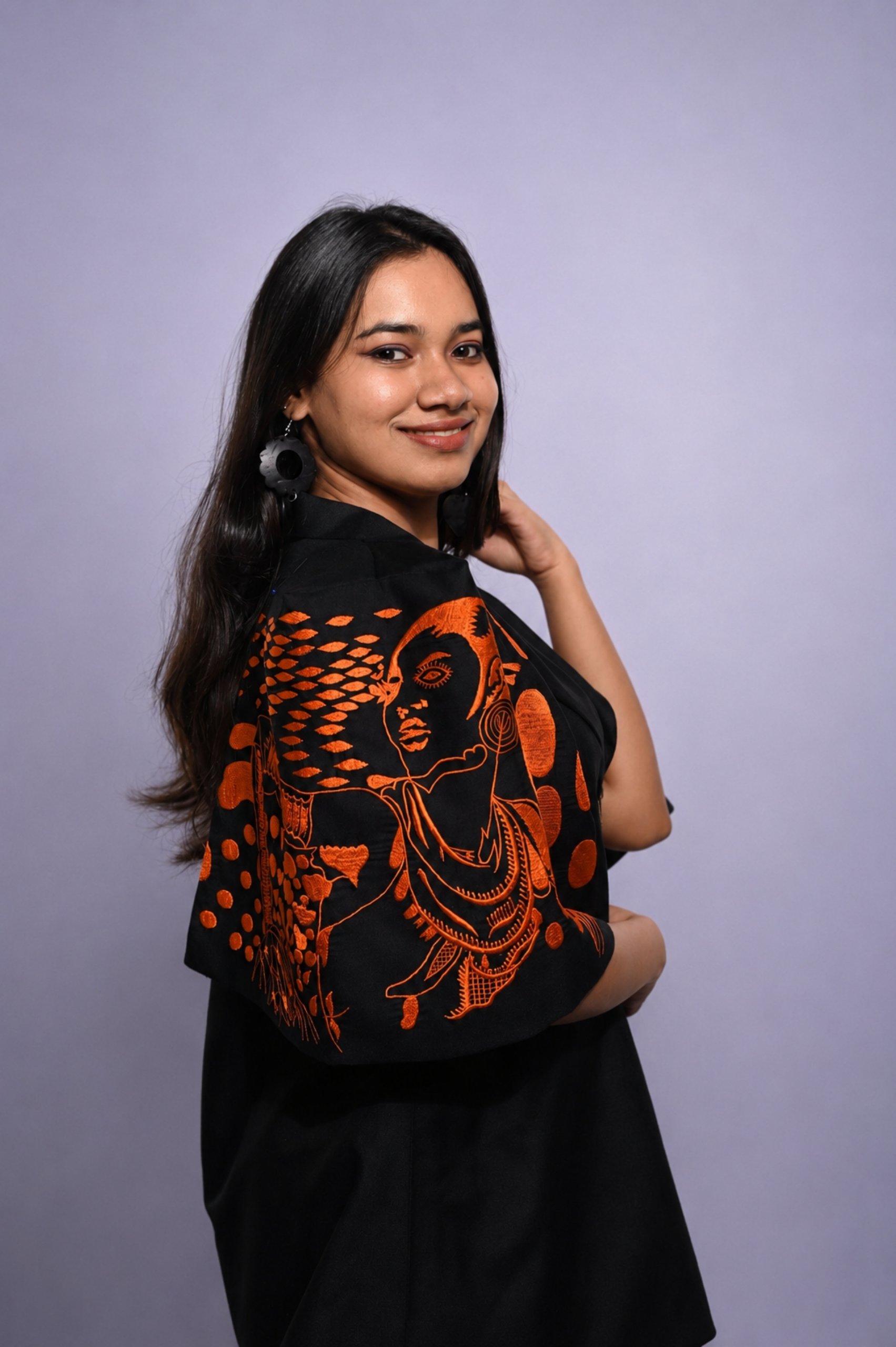 Black & Orange Cotton Co-Ord Set (Embroidered Sleeves) thumbnail