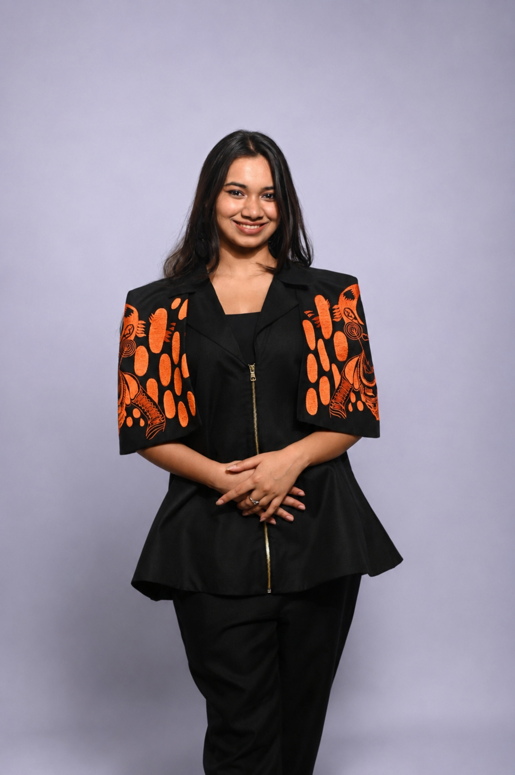 Black & Orange Cotton Co-Ord Set (Embroidered Sleeves) thumbnail