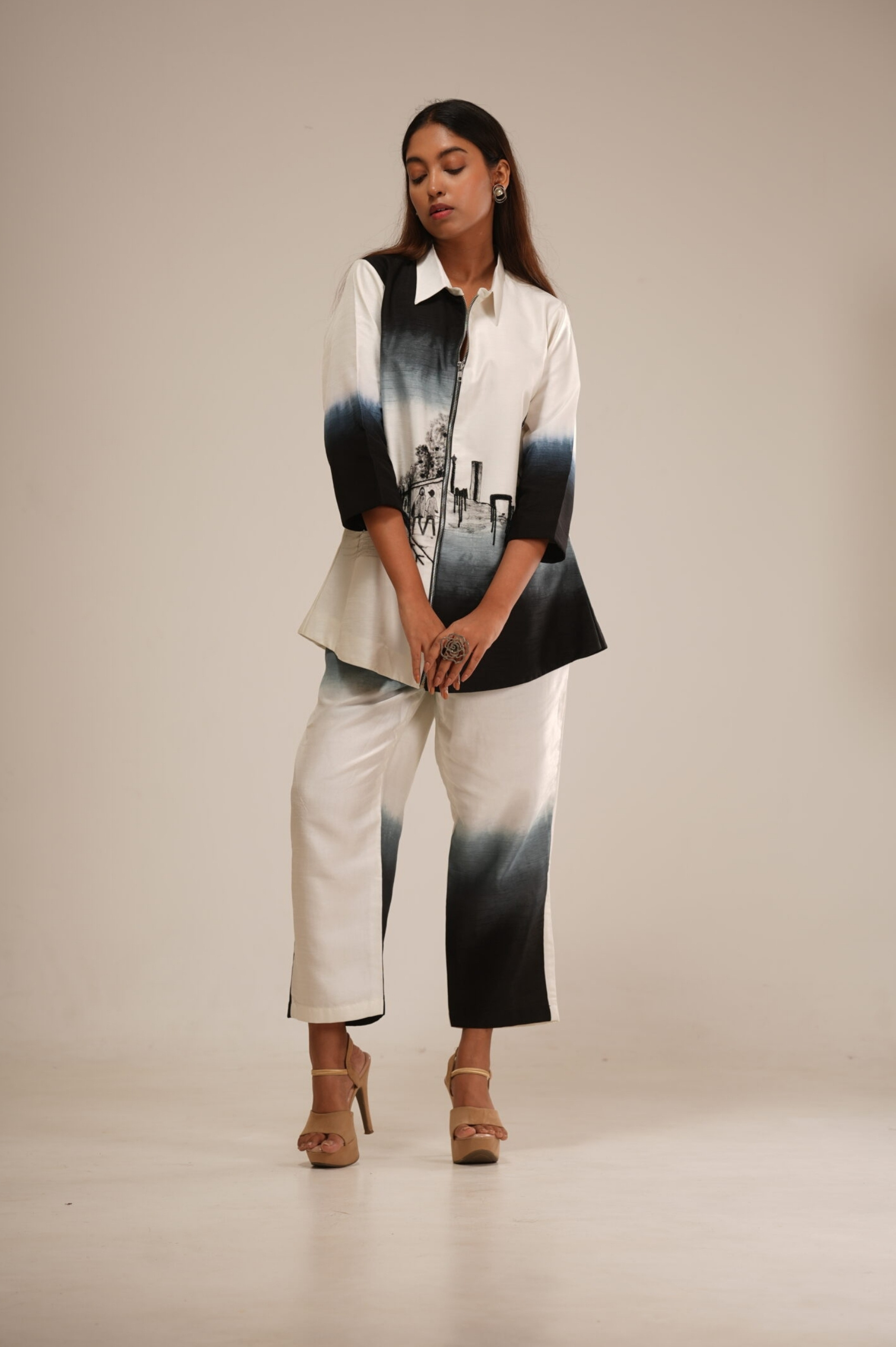Off-White Bemberg Silk Co-Ord (Hand-Painted Art & Hand Embroidery)