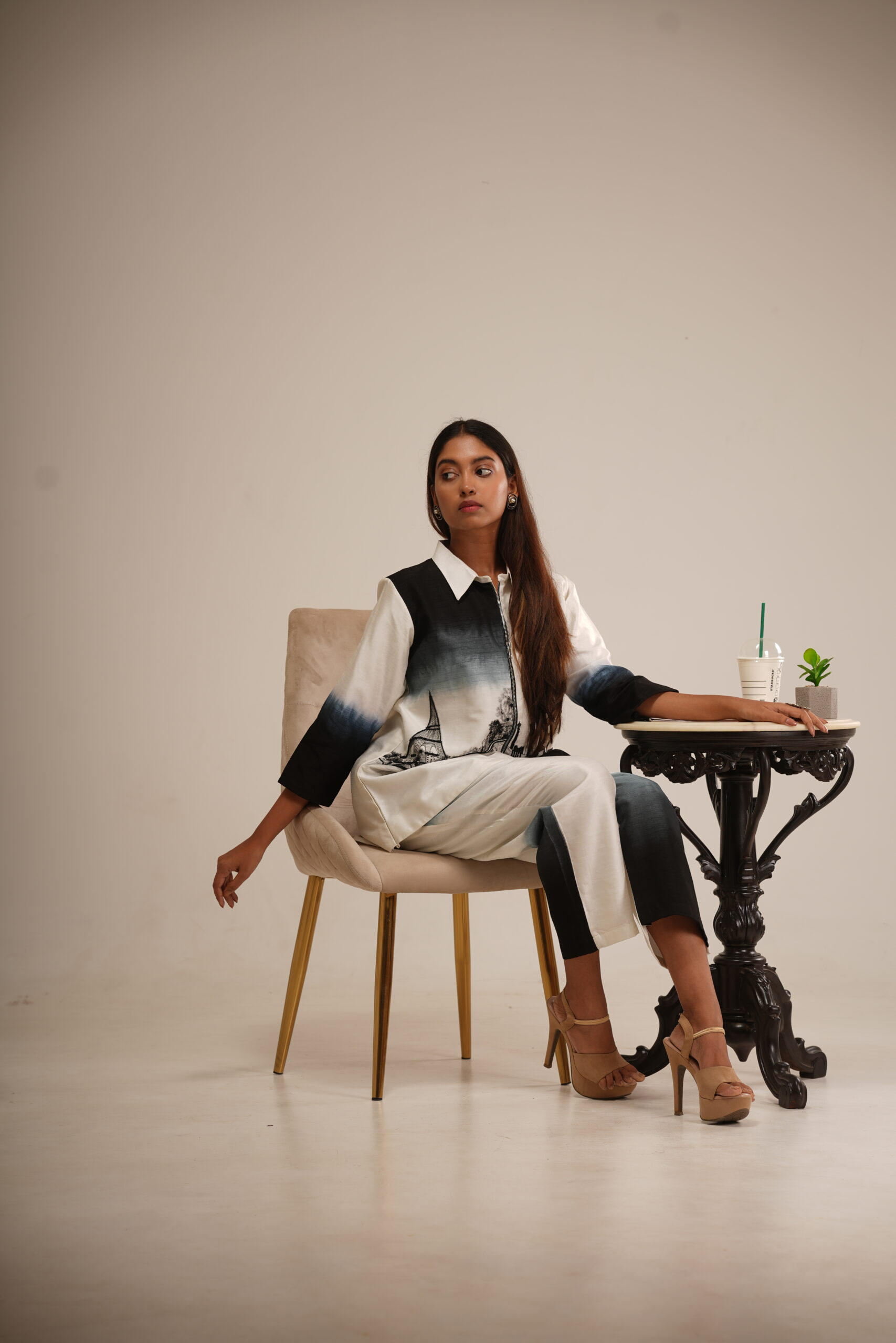 Off-White Bemberg Silk Co-Ord (Hand-Painted Art & Hand Embroidery) alternate view