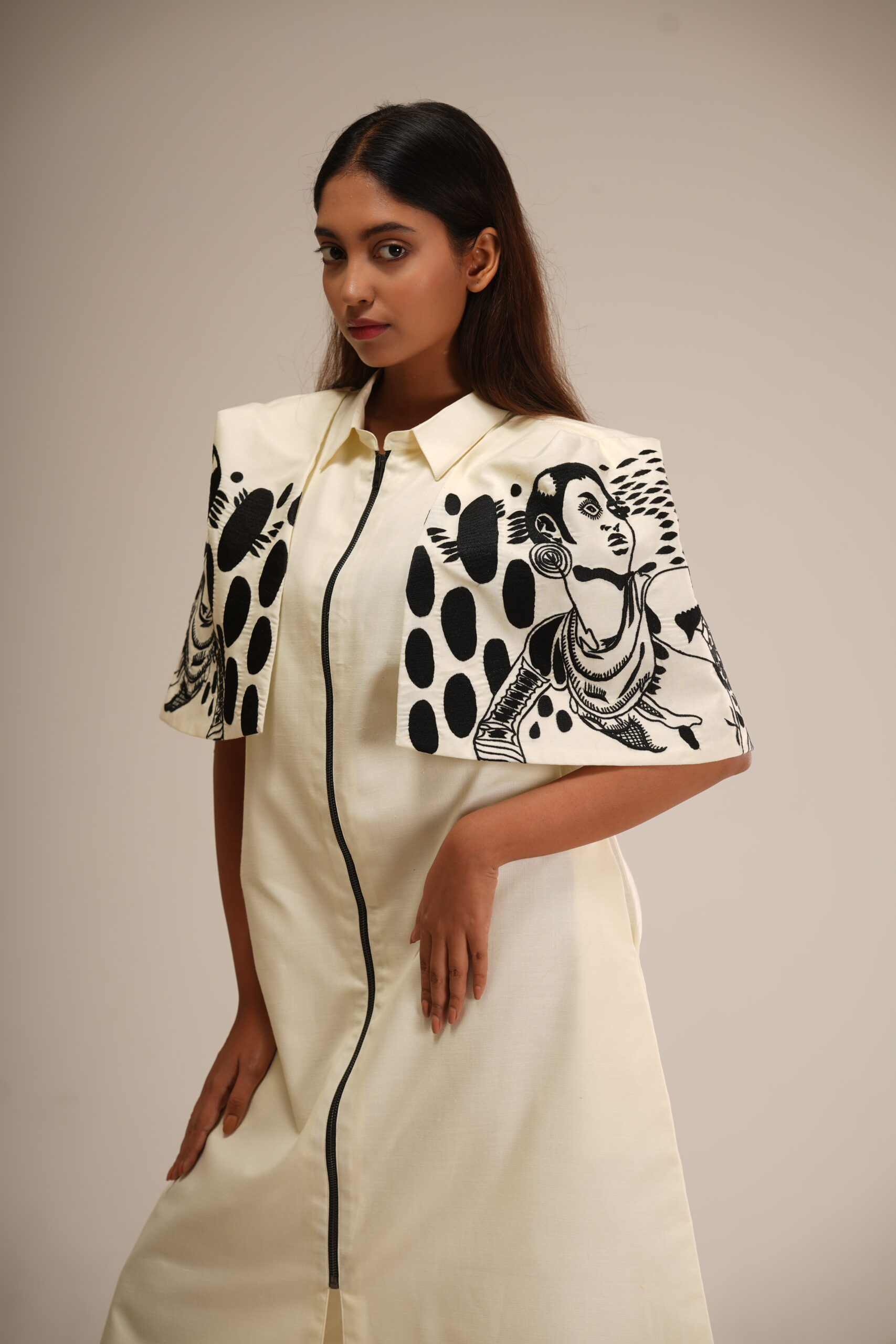 Off-White Cotton Cape Dress (Machine-Embroidered Sleeves) thumbnail