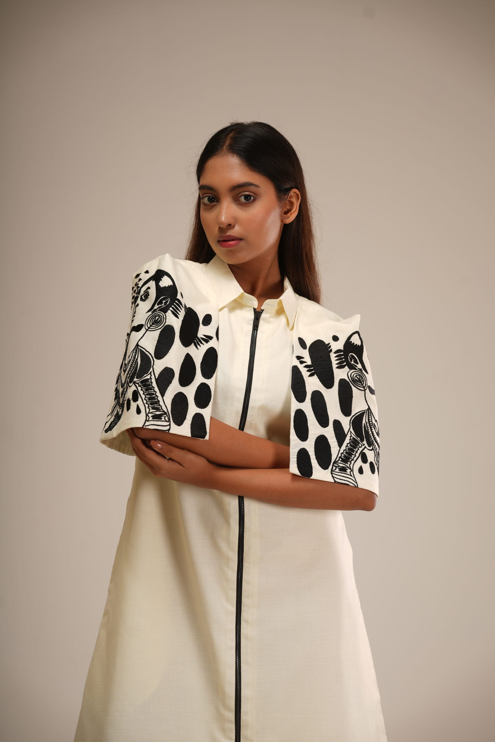 Off-White Cotton Cape Dress (Machine-Embroidered Sleeves) thumbnail