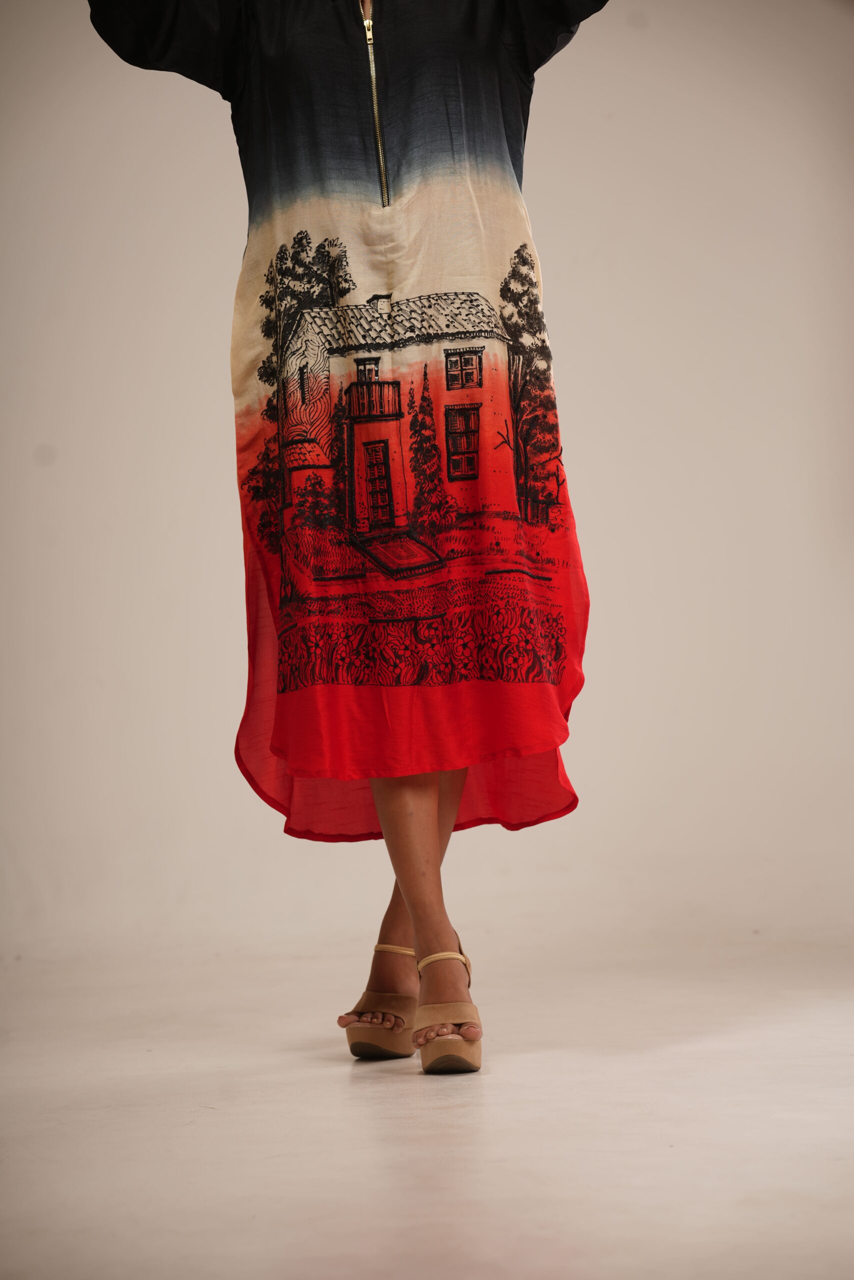 Black & Brick Red Ombre Dress (Hand-Painted Art & Hand Embroidery) thumbnail