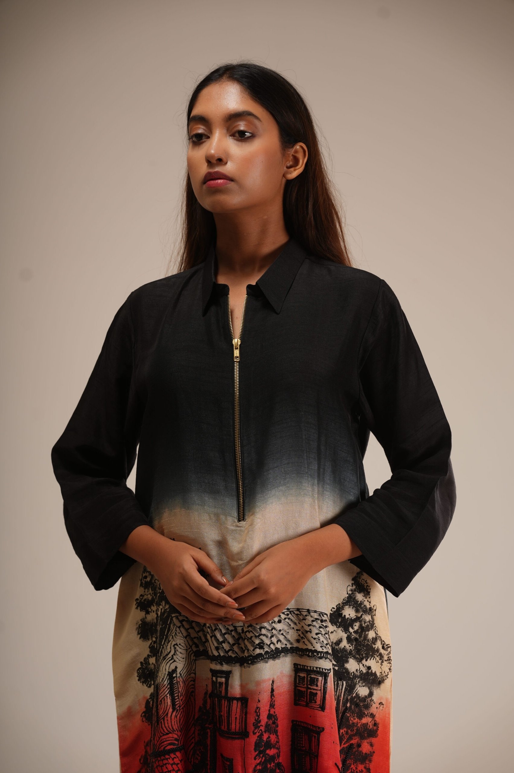 Black & Brick Red Ombre Dress (Hand-Painted Art & Hand Embroidery) alternate view