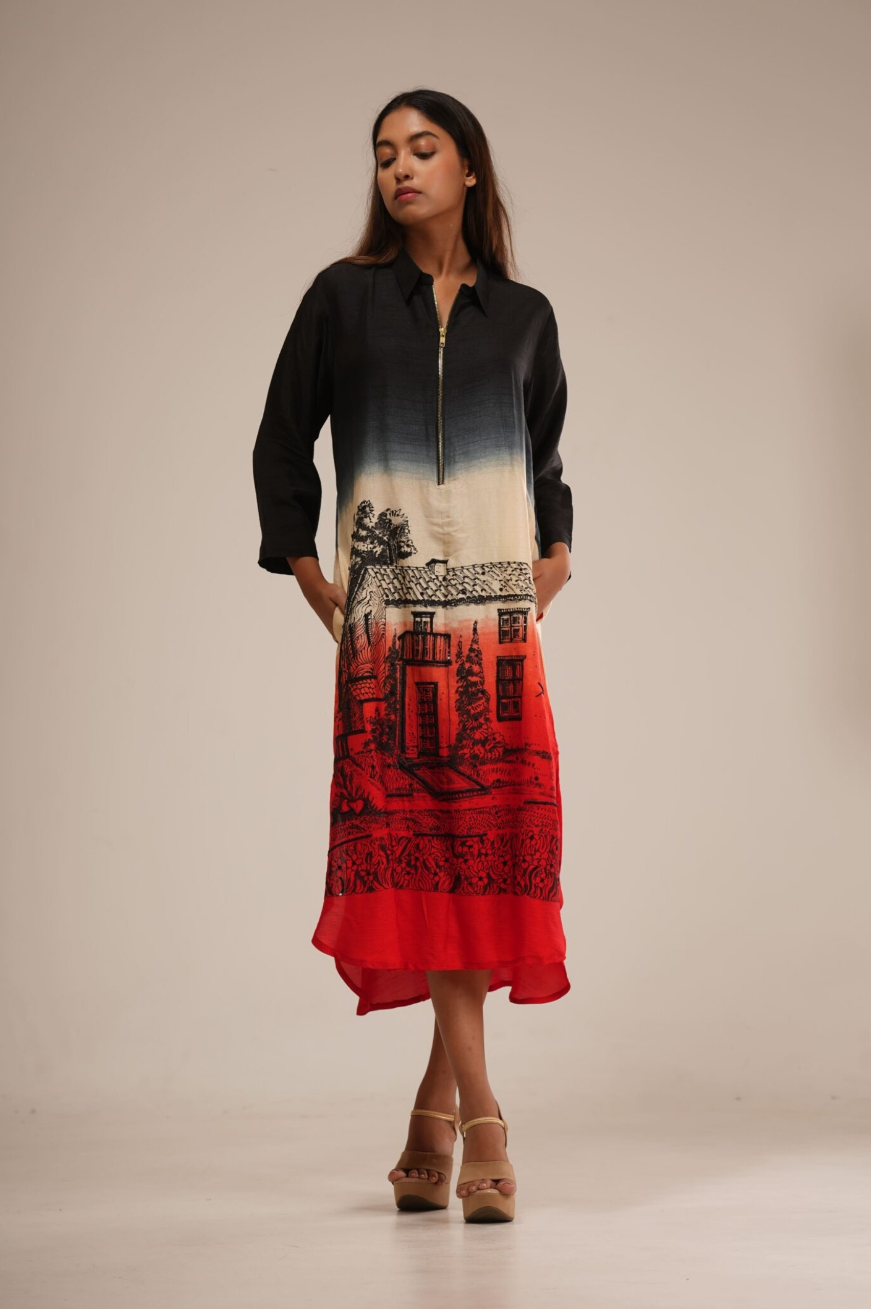 Black & Brick Red Ombre Dress (Hand-Painted Art & Hand Embroidery) thumbnail