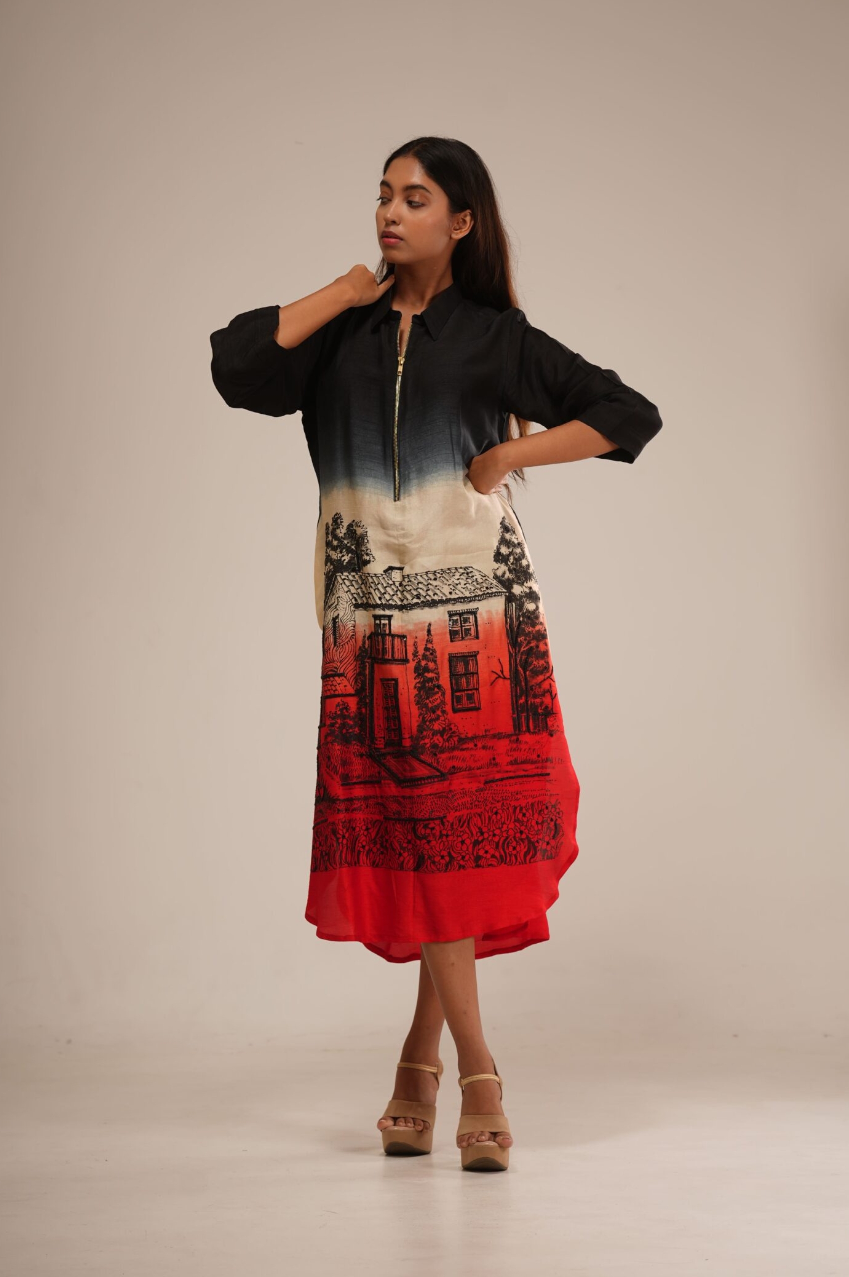 Black & Brick Red Ombre Dress (Hand-Painted Art & Hand Embroidery)