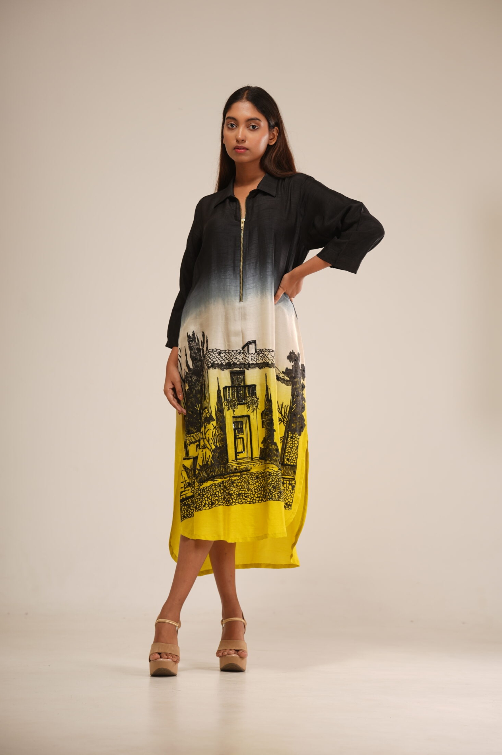 Black & Yellow Ombre Dress (Hand-Painted Art & Hand Embroidery) thumbnail