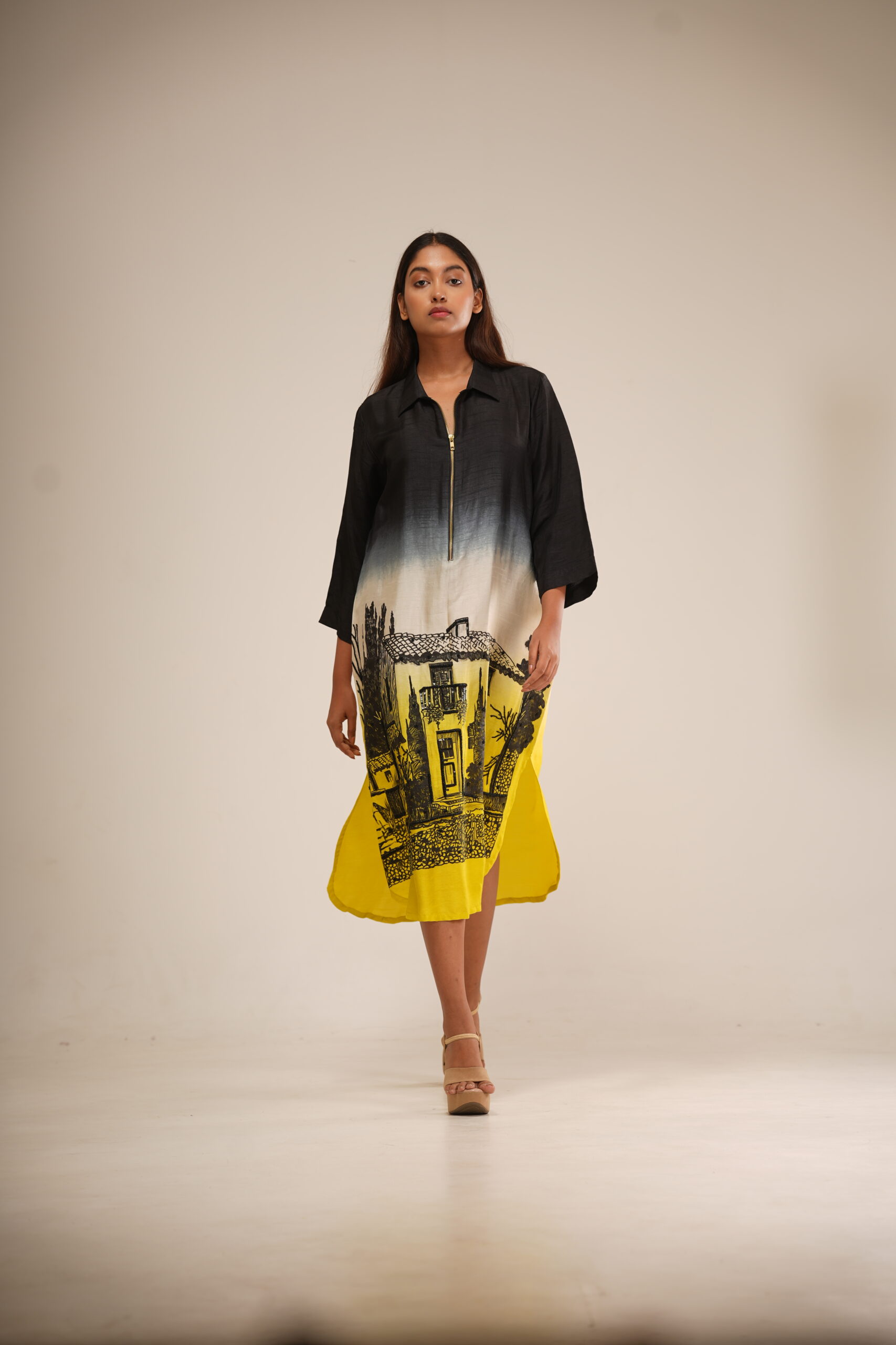 Black & Yellow Ombre Dress (Hand-Painted Art & Hand Embroidery) thumbnail