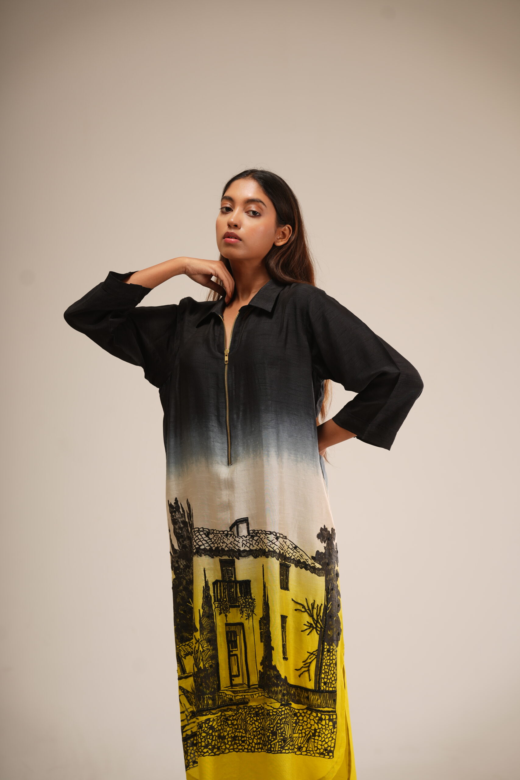 Black & Yellow Ombre Dress (Hand-Painted Art & Hand Embroidery) alternate view