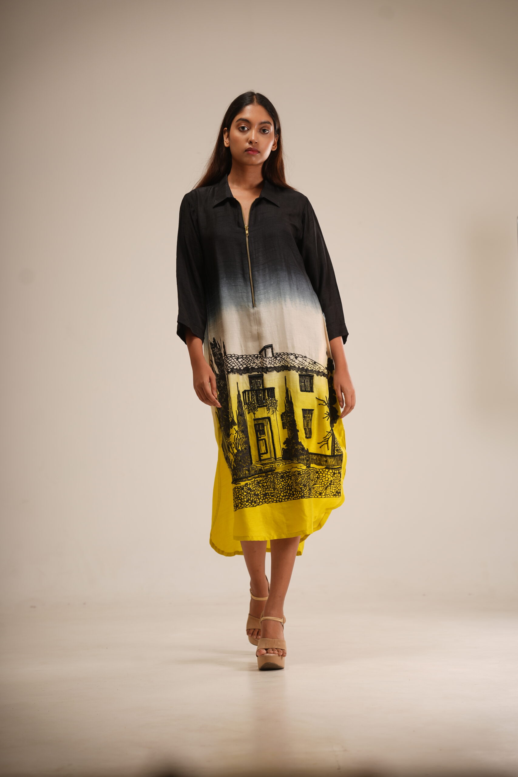 Black & Yellow Ombre Dress (Hand-Painted Art & Hand Embroidery) thumbnail