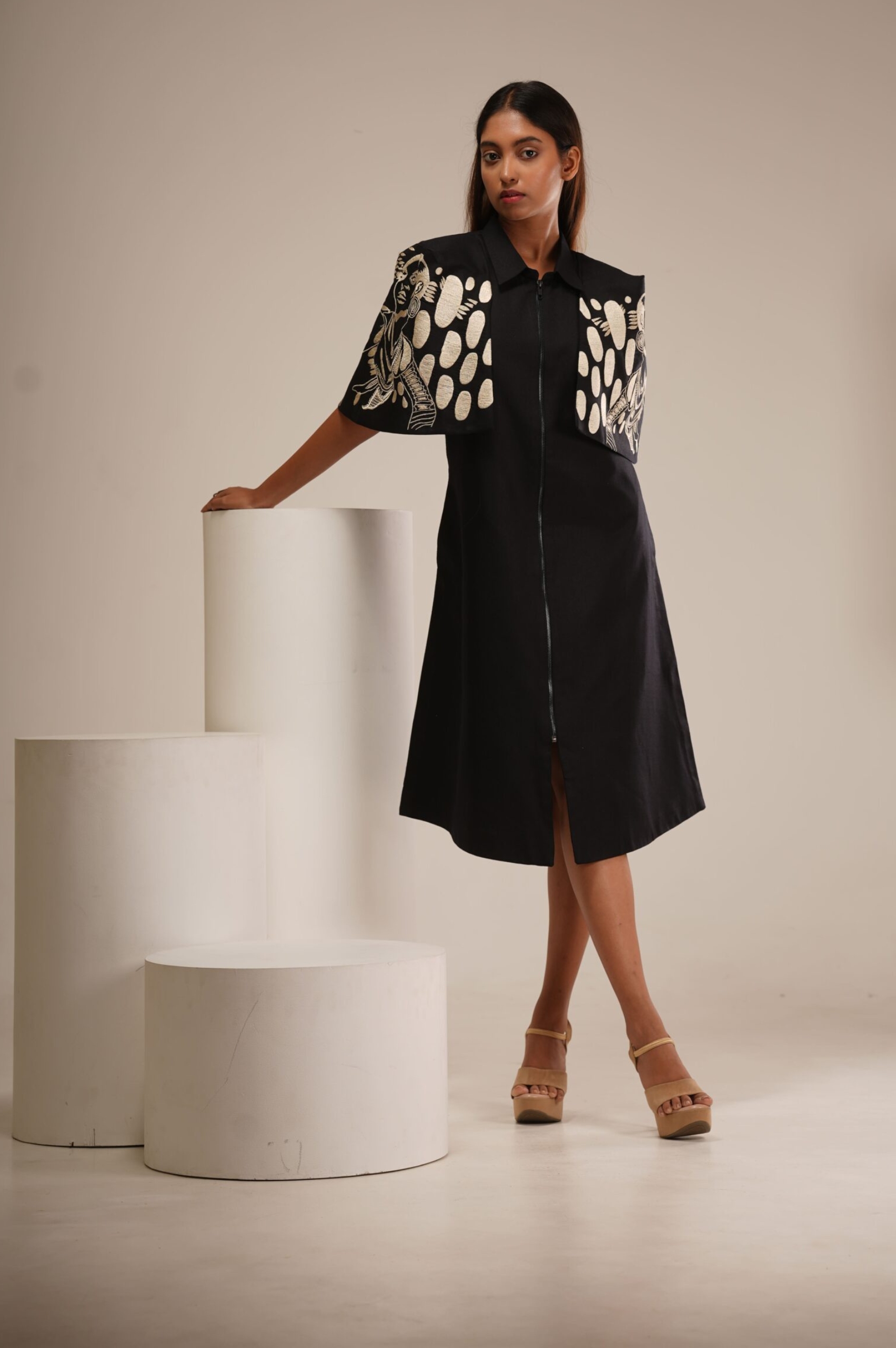 Black & Beige Cotton Cape Dress (Machine Embroidered Sleeves)