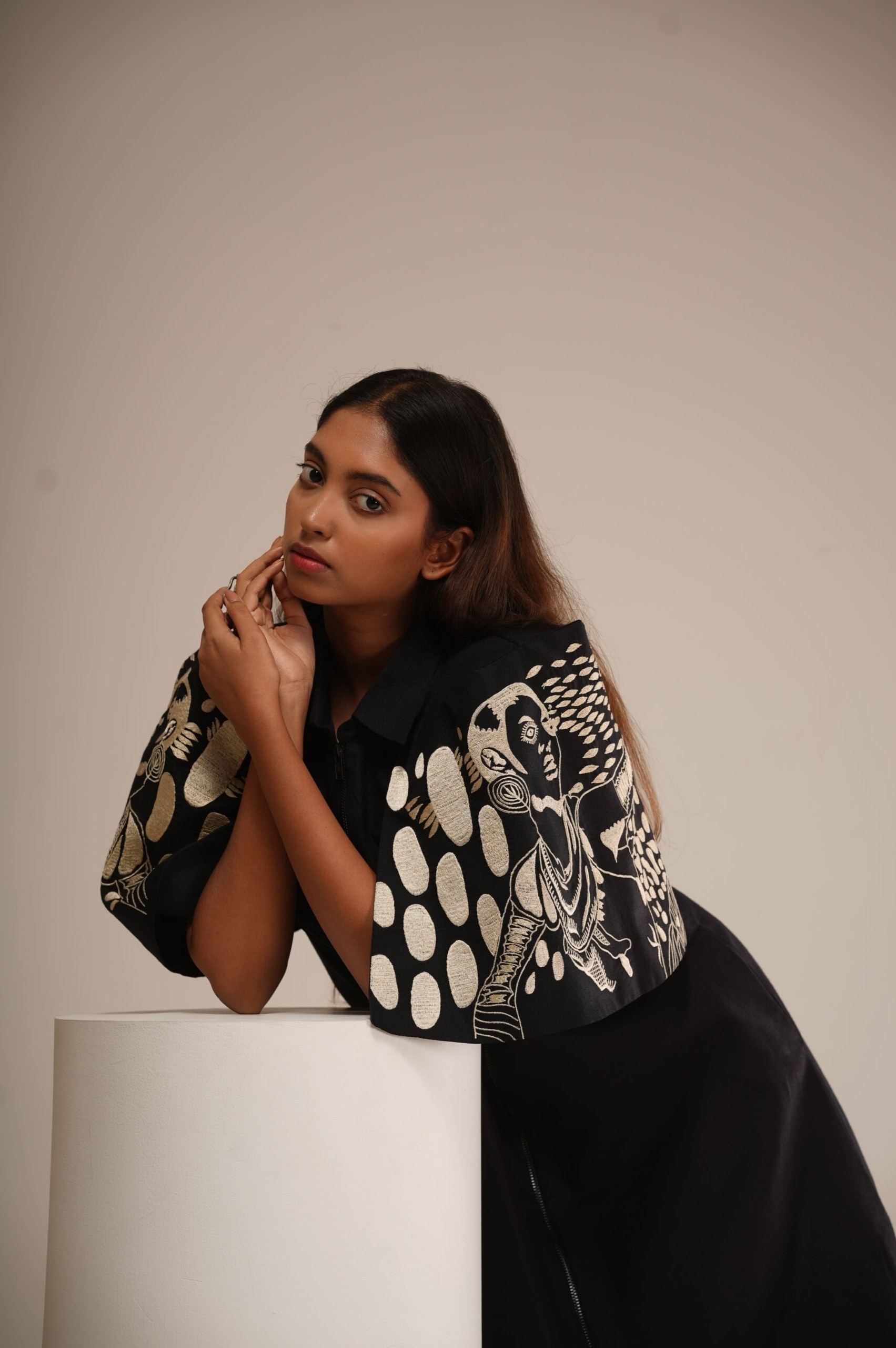 Black & Beige Cotton Cape Dress (Machine Embroidered Sleeves) alternate view