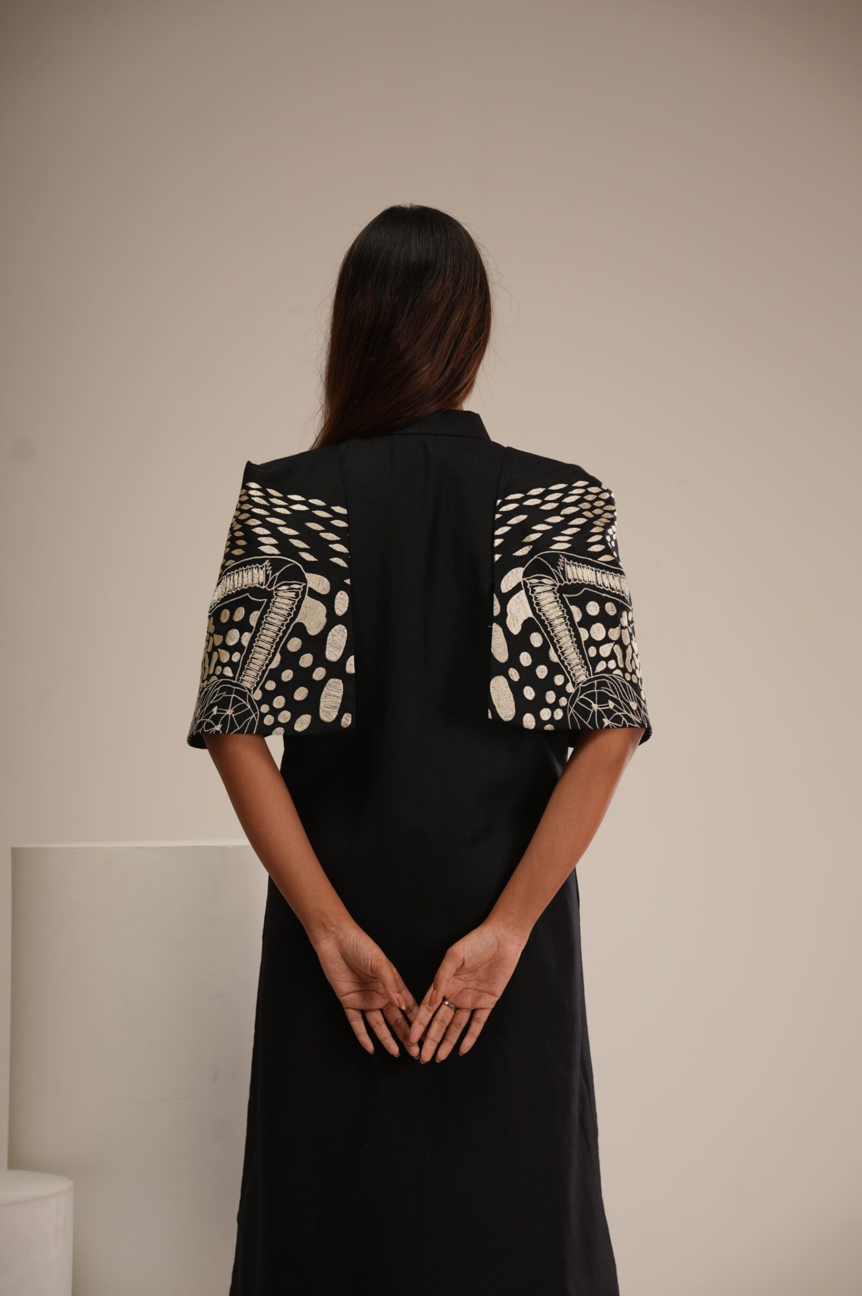 Black & Beige Cotton Cape Dress (Machine Embroidered Sleeves) thumbnail