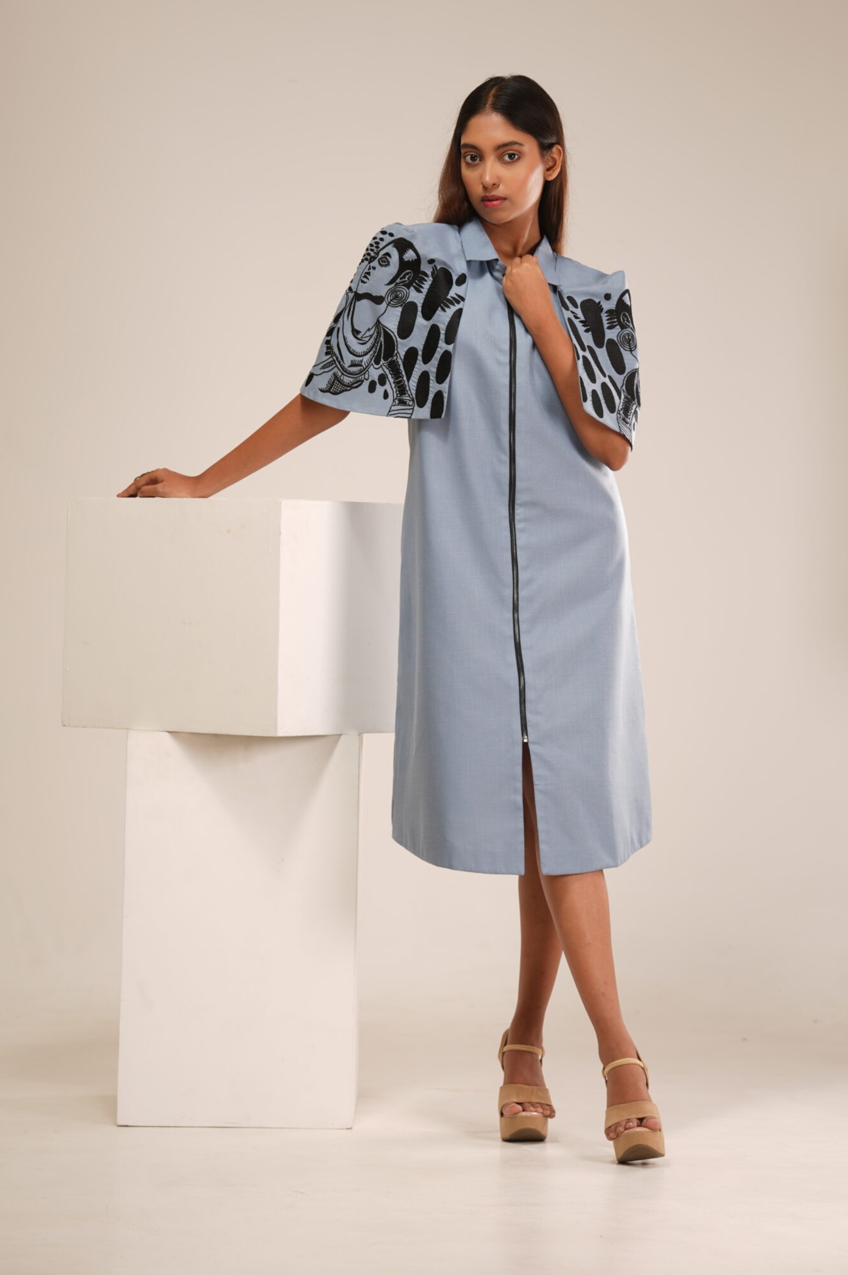 Grey Cotton Cape Dress (Machine Embroidered Sleeves)