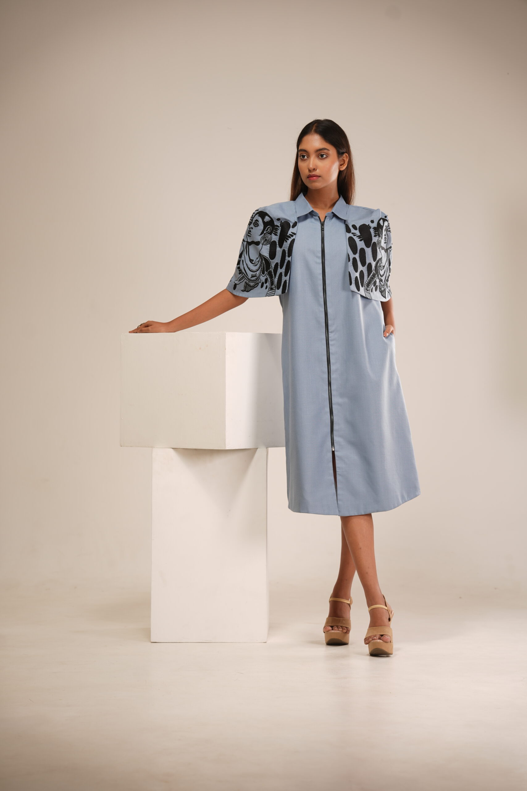 Grey Cotton Cape Dress (Machine Embroidered Sleeves) thumbnail