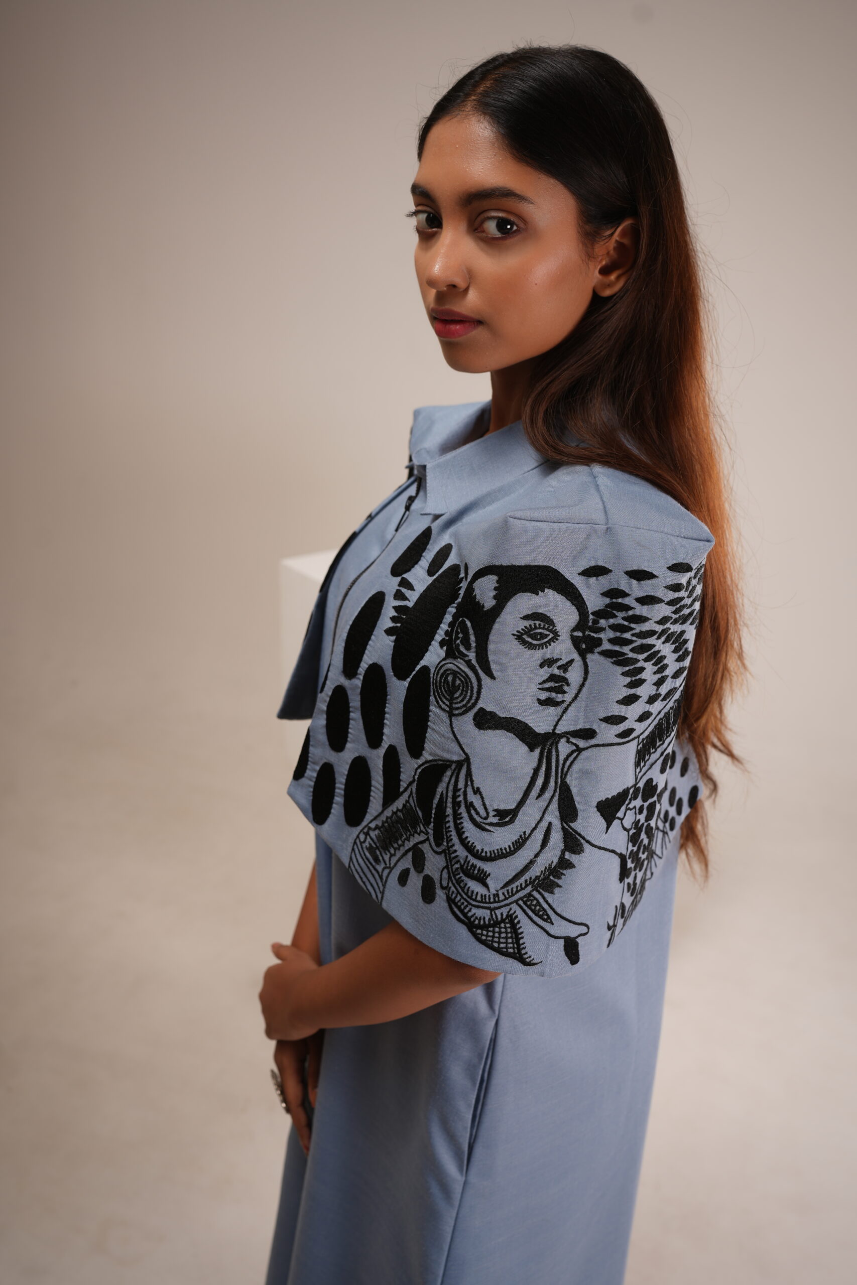 Grey Cotton Cape Dress (Machine Embroidered Sleeves) thumbnail