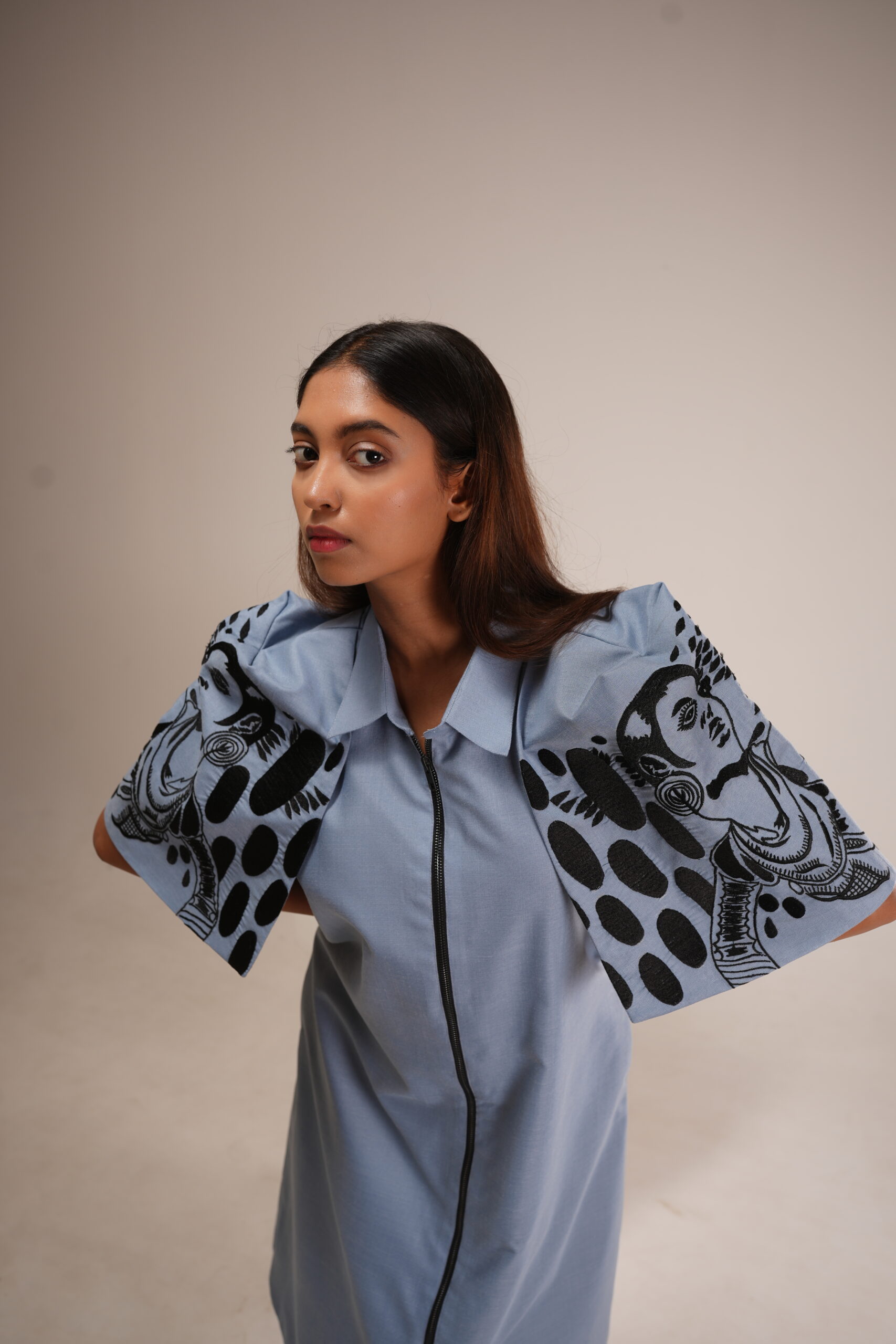 Grey Cotton Cape Dress (Machine Embroidered Sleeves) alternate view