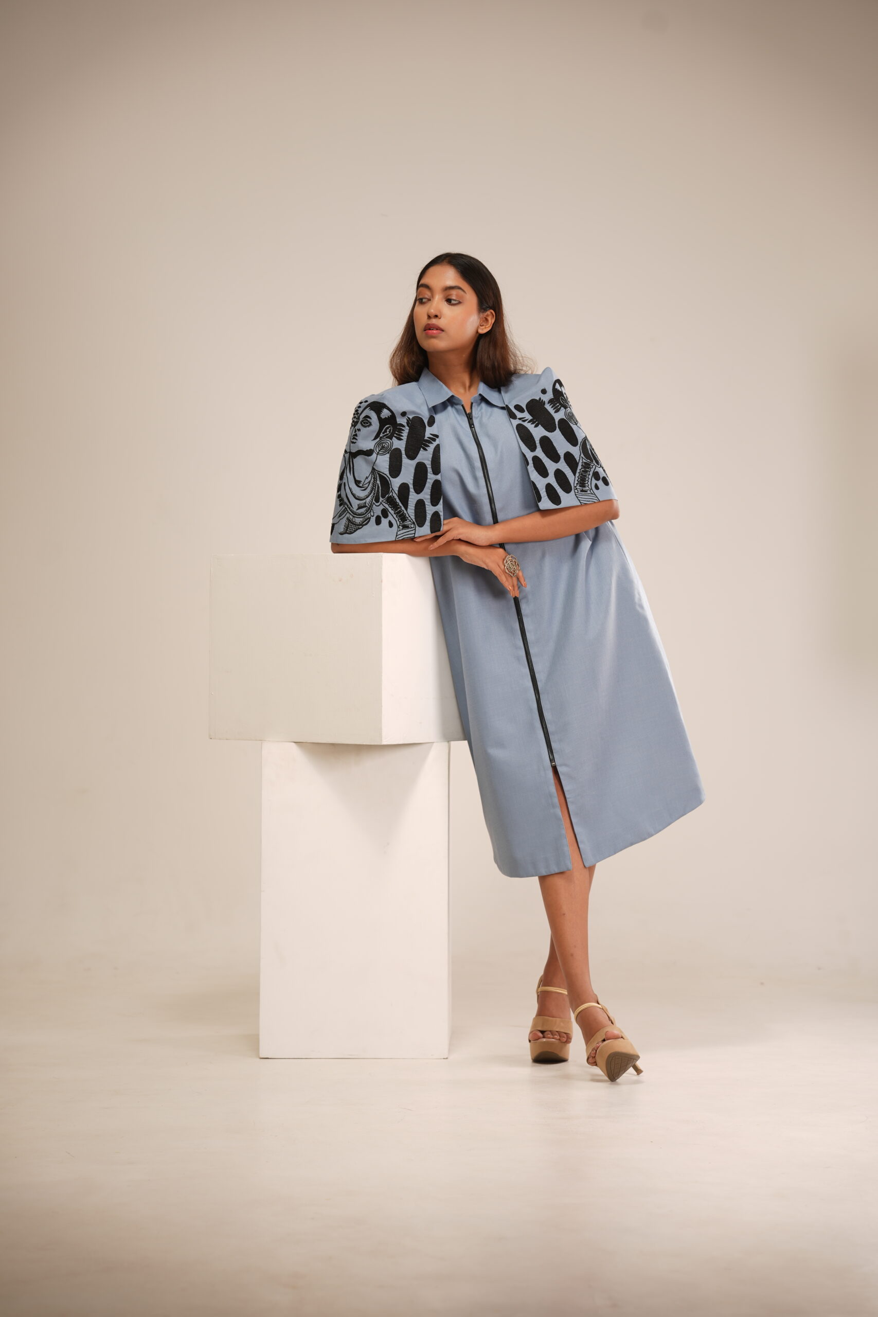 Grey Cotton Cape Dress (Machine Embroidered Sleeves) thumbnail