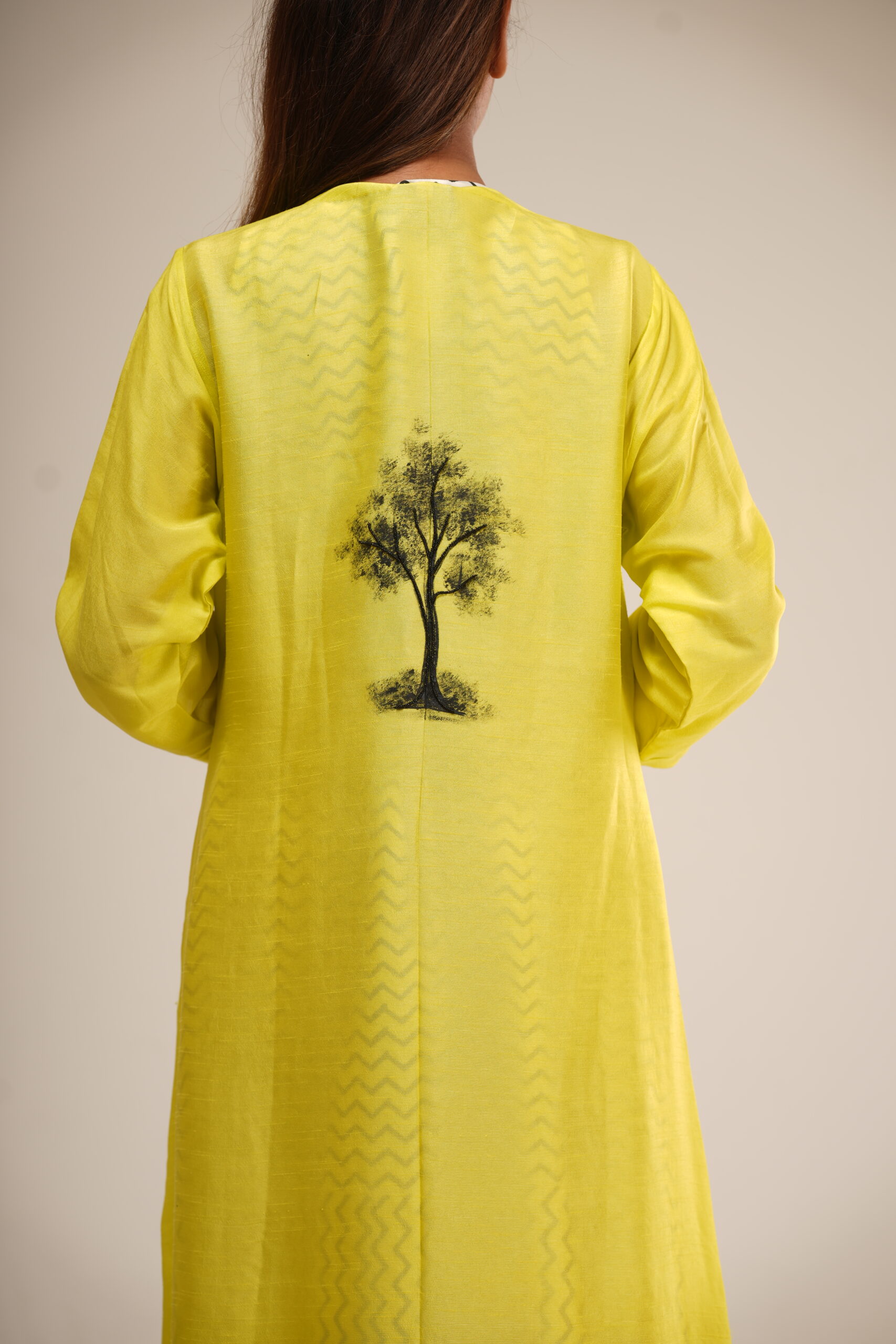 Slime Yellow Ombre Bemberg Silk Dress (Hand-Painted Art & Hand Embroidery) alternate view