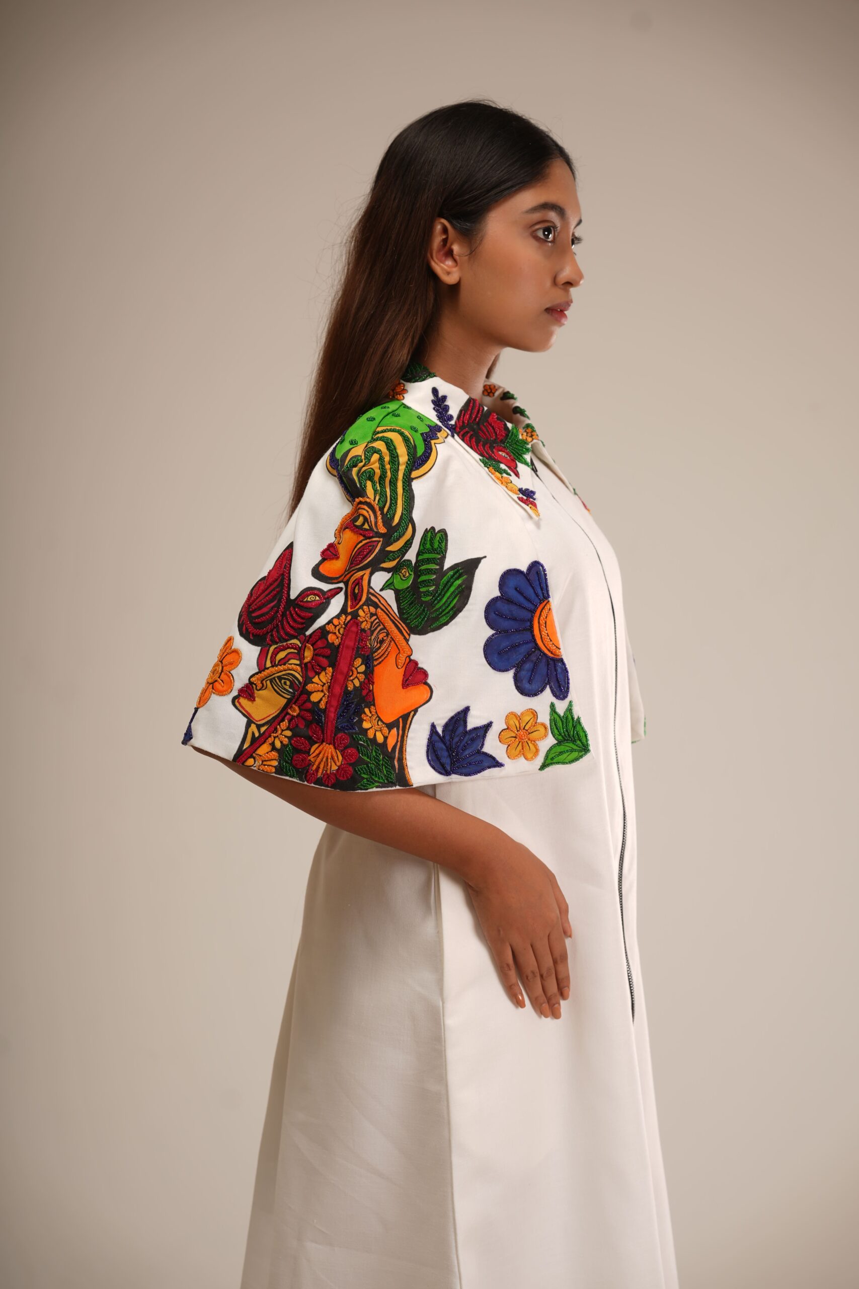 White Cotton Cape Dress (Hand-Painted/Hand-Embroidery) thumbnail