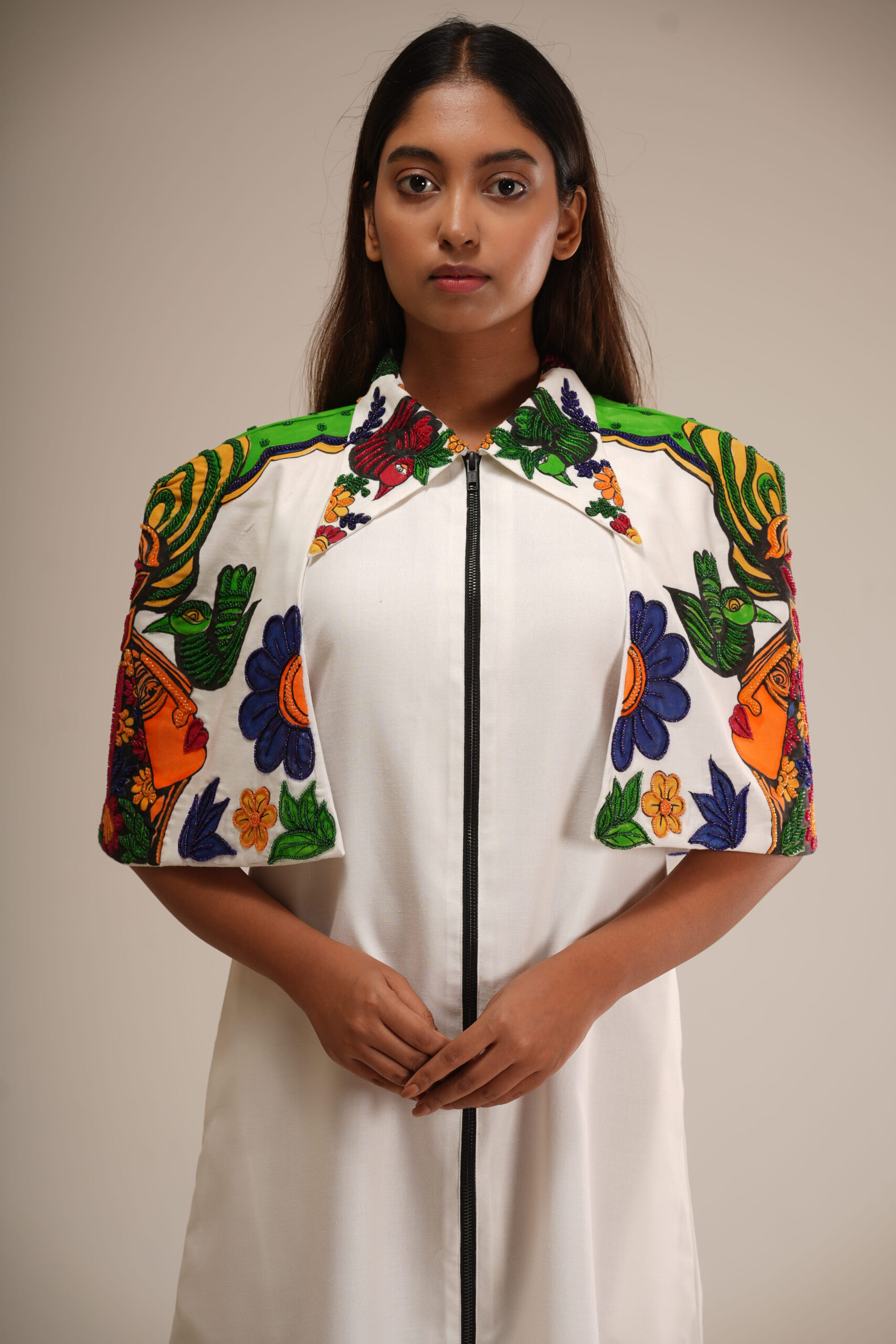 White Cotton Cape Dress (Hand-Painted/Hand-Embroidery) alternate view