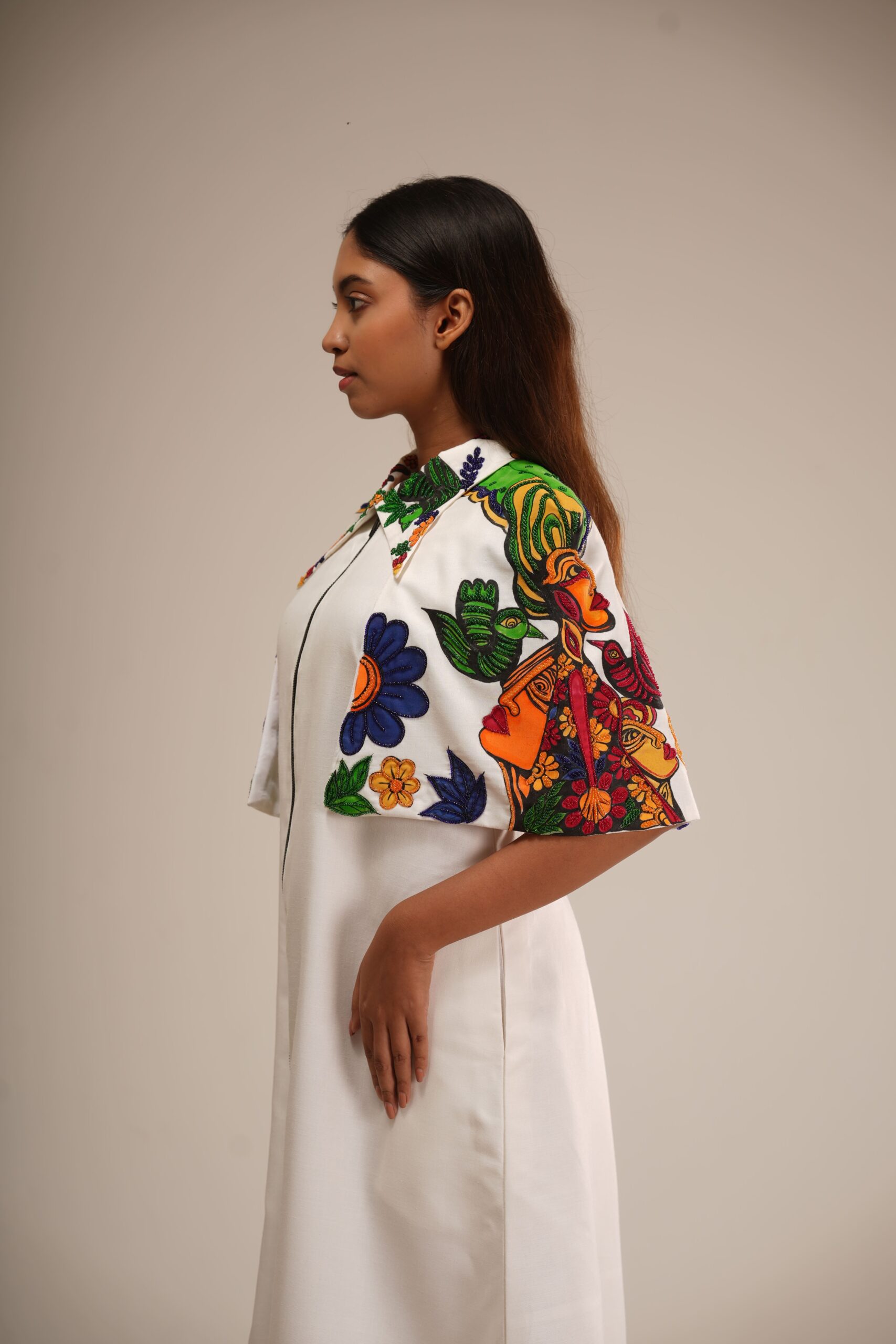 White Cotton Cape Dress (Hand-Painted/Hand-Embroidery) thumbnail