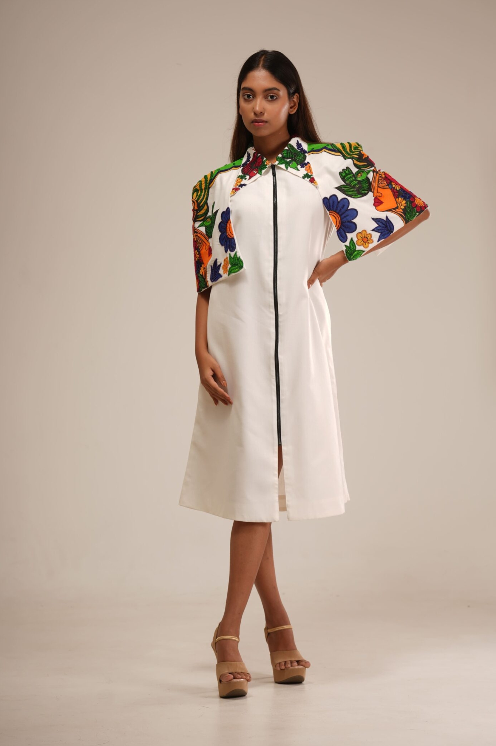White Cotton Cape Dress (Hand-Painted/Hand-Embroidery)
