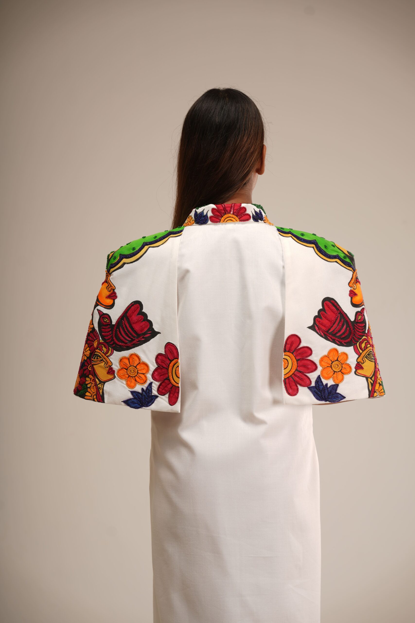 White Cotton Cape Dress (Hand-Painted/Hand-Embroidery) thumbnail