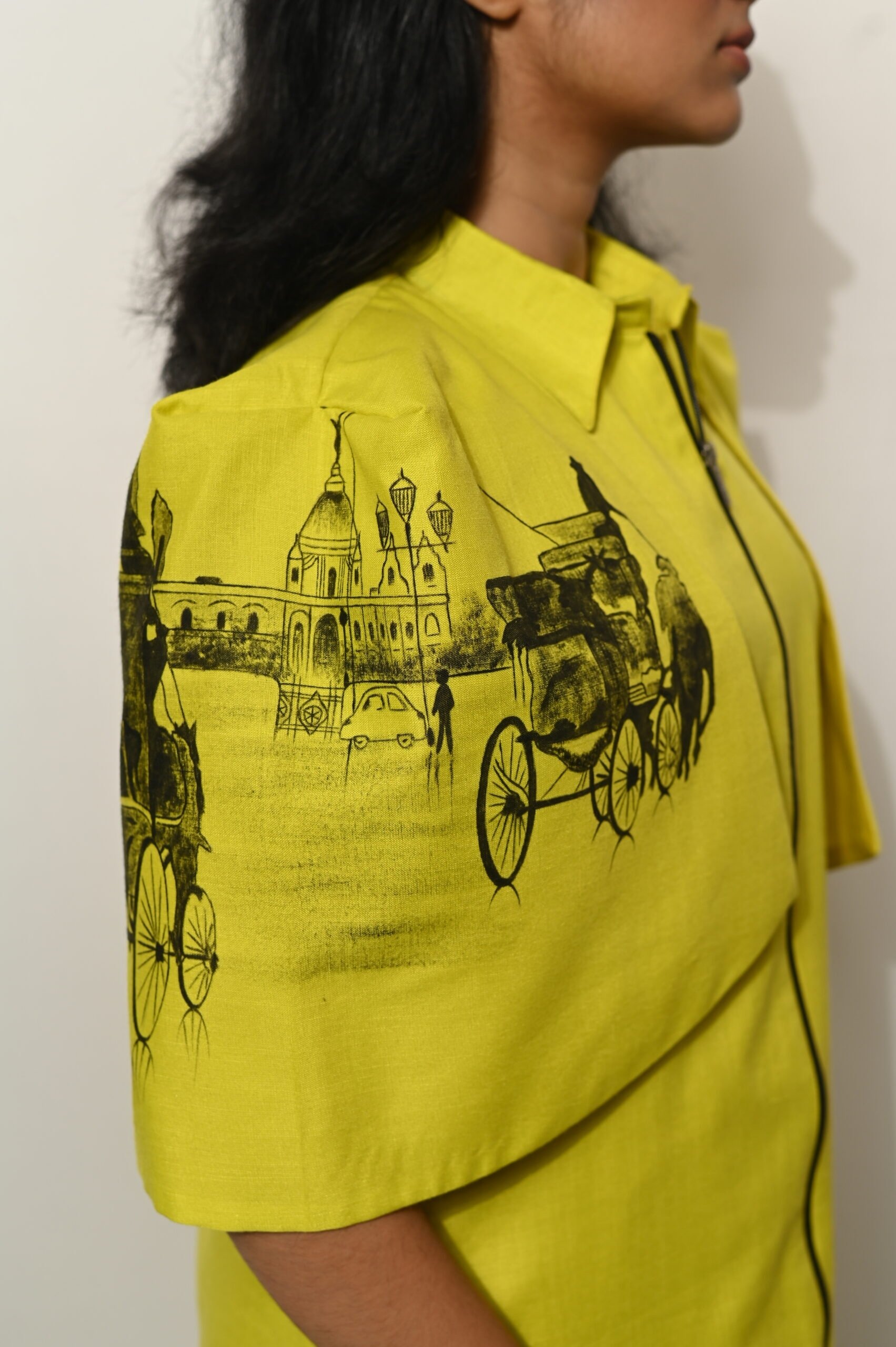Slime Yellow Cotton Cape Dress with Hand-Painted Artwork thumbnail