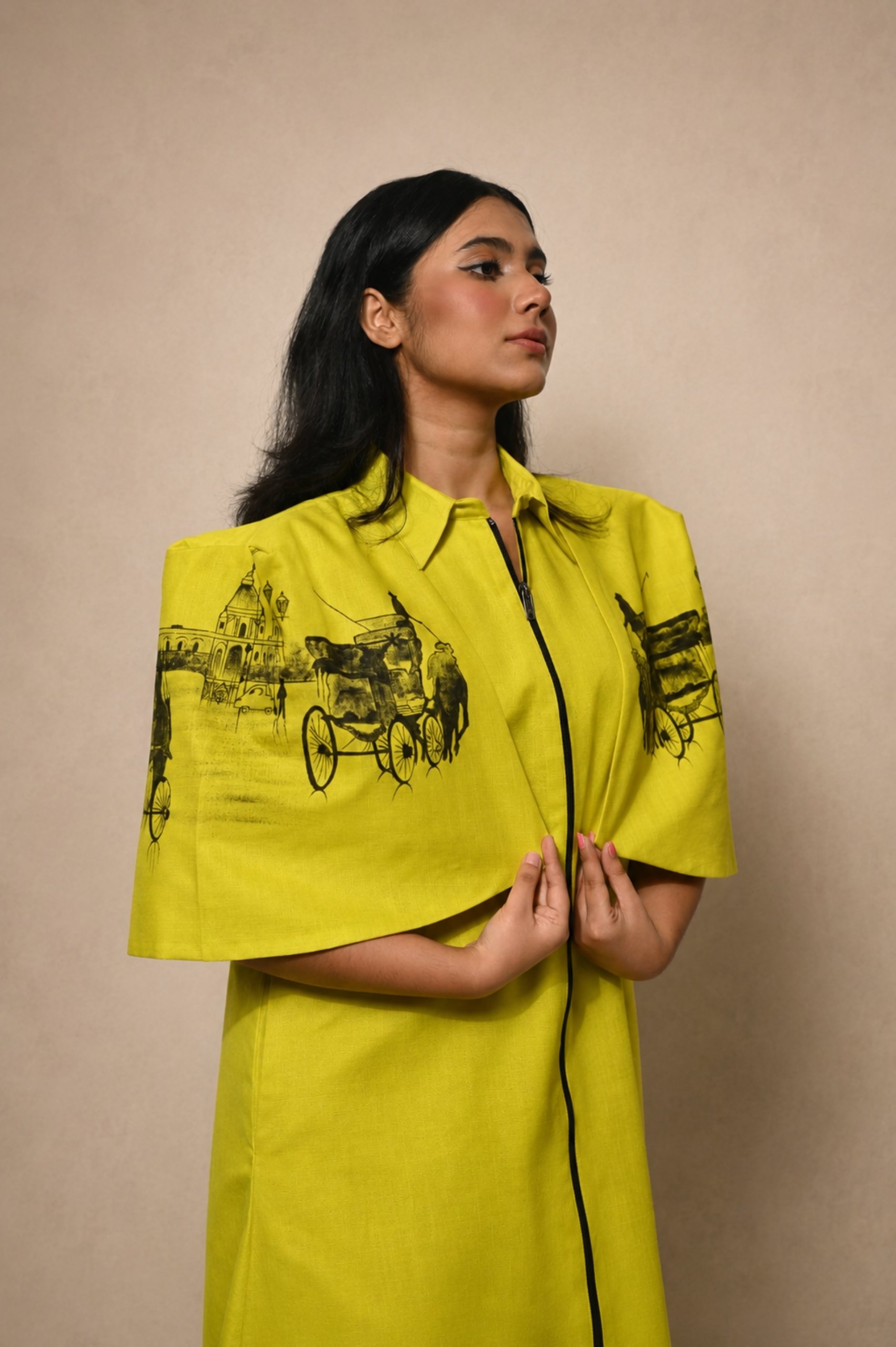 Slime Yellow Cotton Cape Dress with Hand-Painted Artwork alternate view