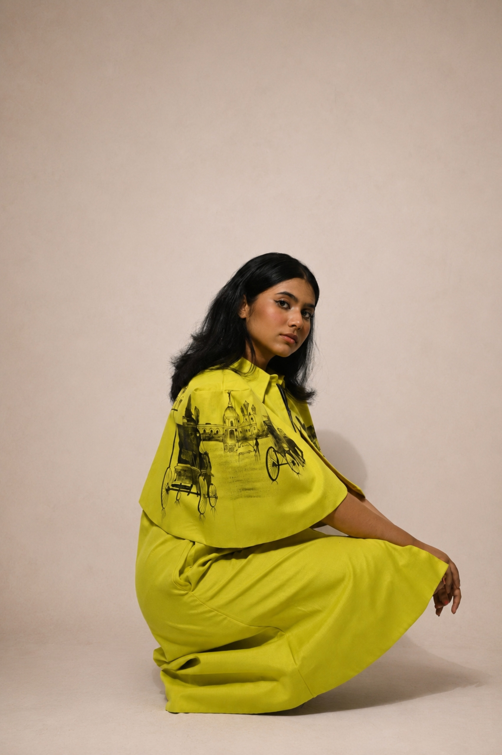 Slime Yellow Cotton Cape Dress with Hand-Painted Artwork thumbnail