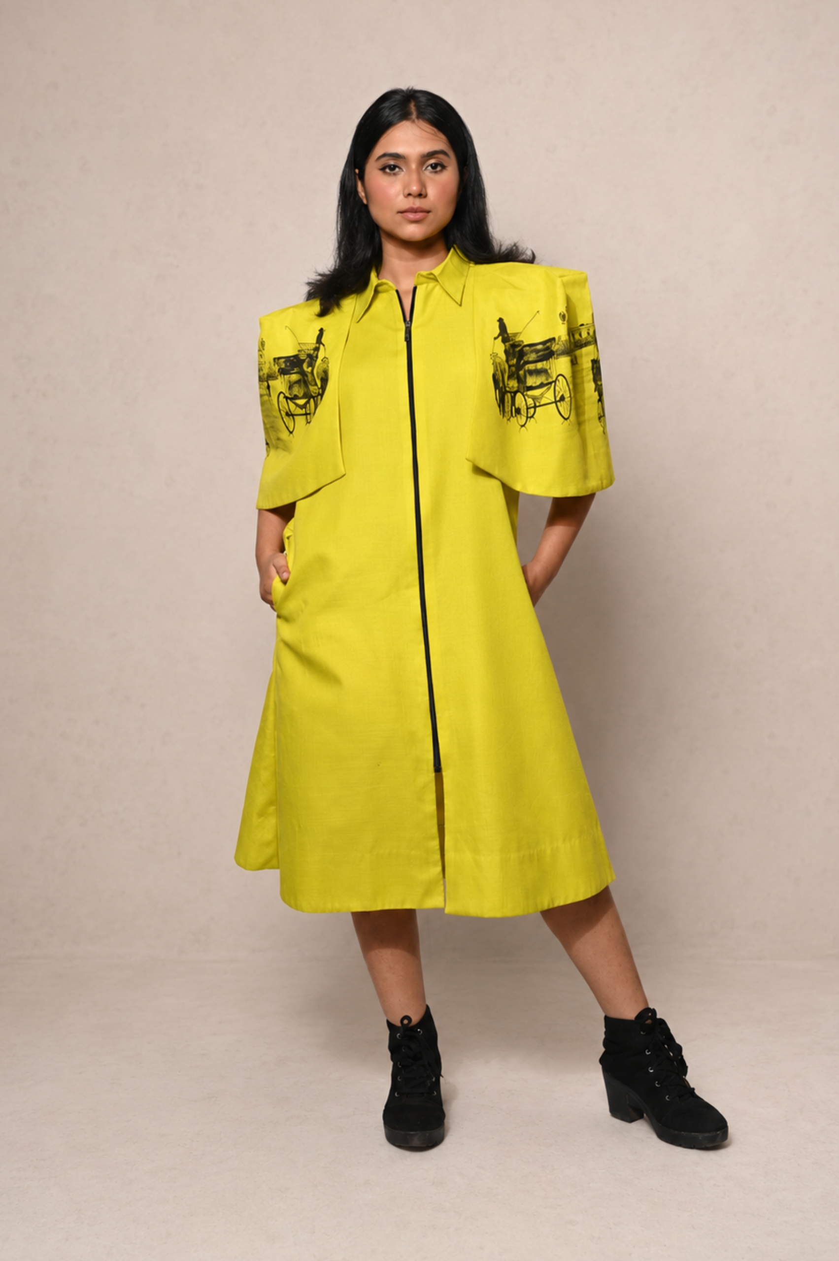 Slime Yellow Cotton Cape Dress with Hand-Painted Artwork thumbnail